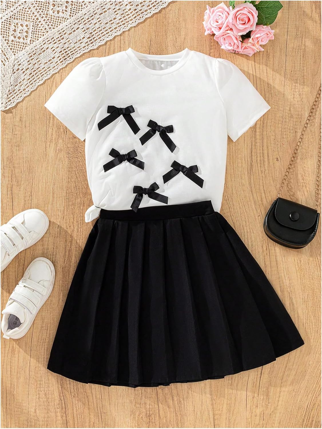 Girl's 2 Piece Preppy Summer Outfits 3D Bowknot T Shirt and Mini Pleated Skirts Clothing Set - Image 3
