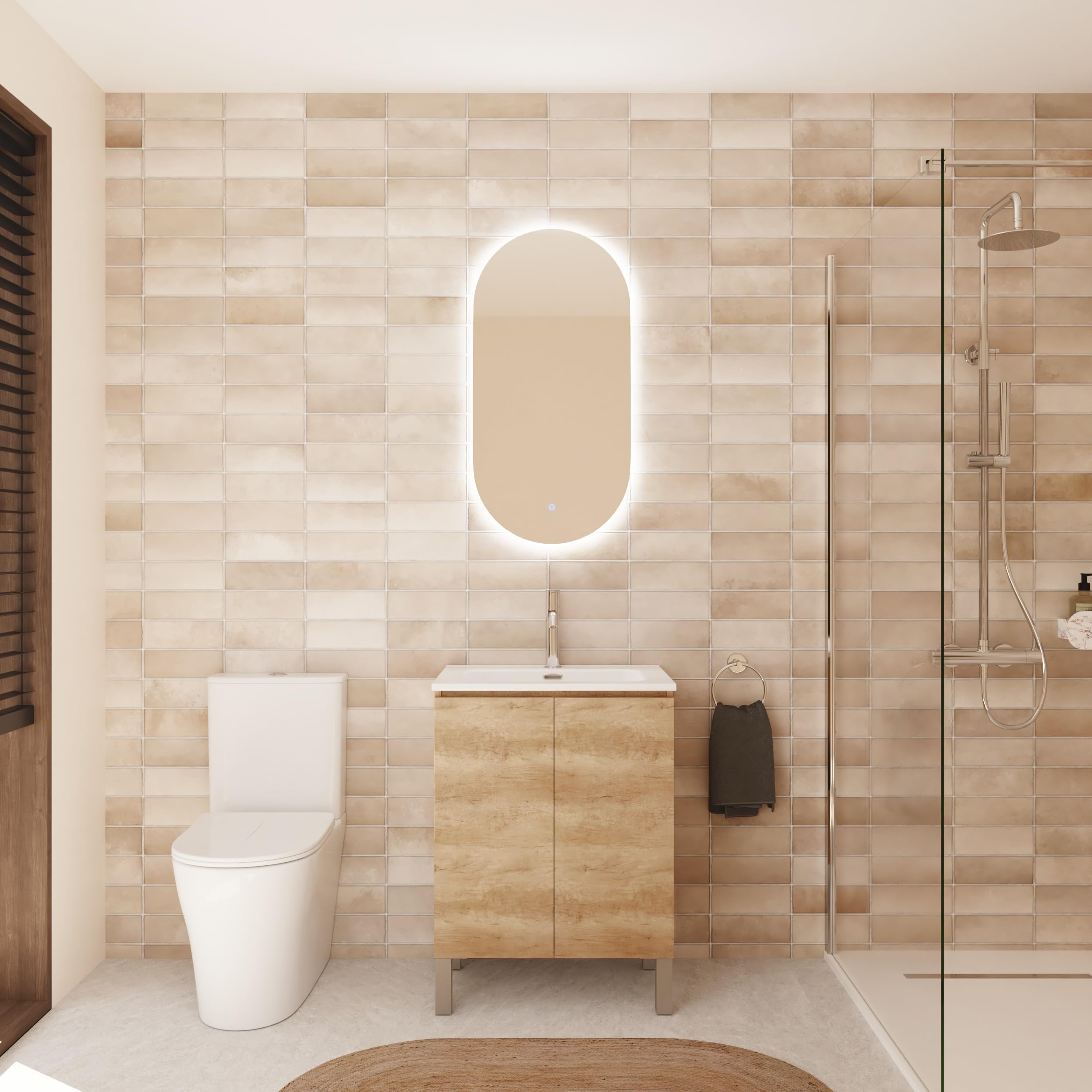 Baikal Mueble de Baño Nook. Mueble MONTADO. 60cm Nature 2 Puertas. Cierre Amortiguado. Patas Cromadas. Armario de Baño. Incluye Lavabo Ceramico