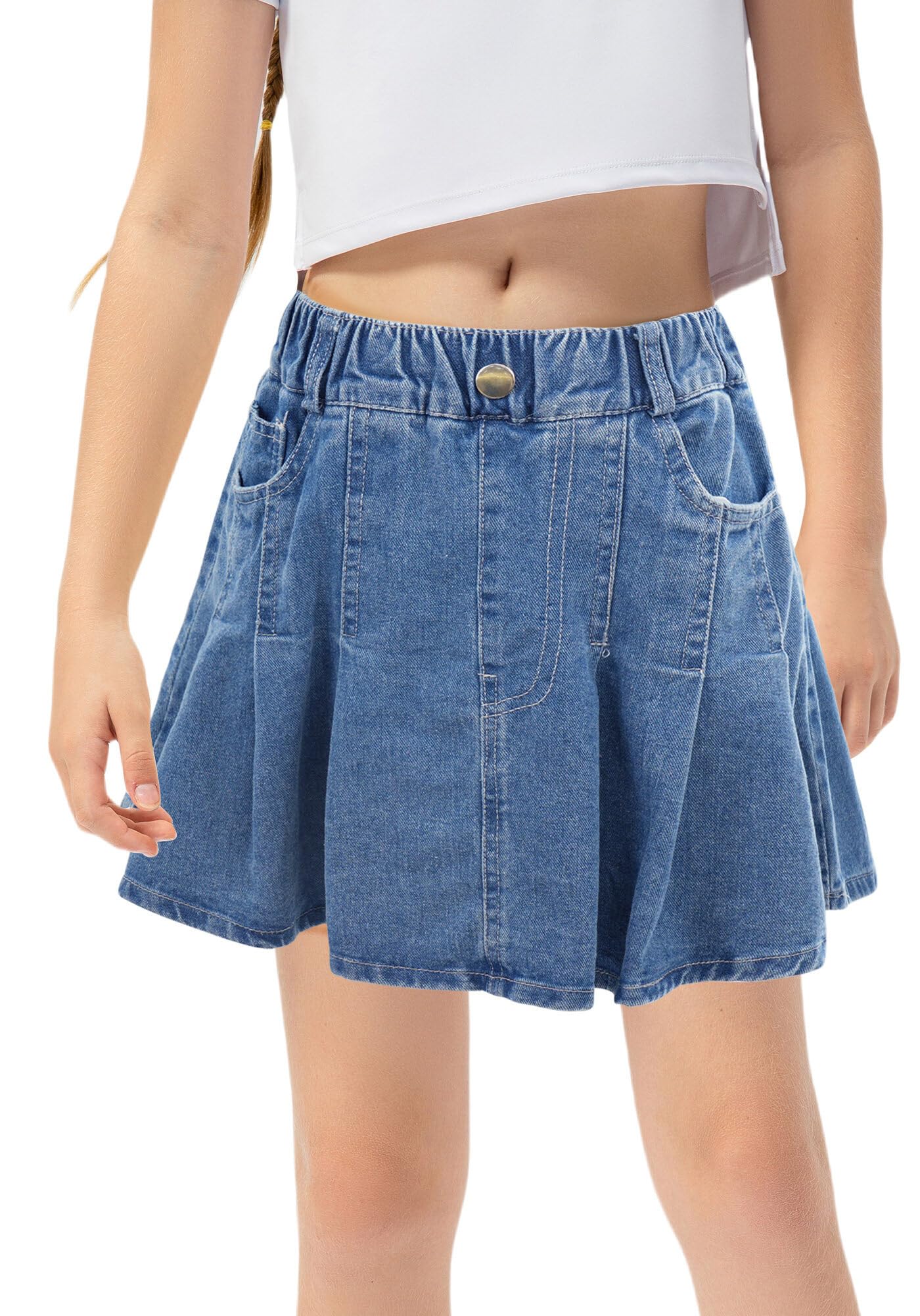 FEOYA Gonna in denim per bambini e ragazze, con elastico in vita, casual, gonna in jeans estiva, linea A, gonna in denim blu plissettata gonna elasticizzata traspirante morbida con tasche per 5-14
