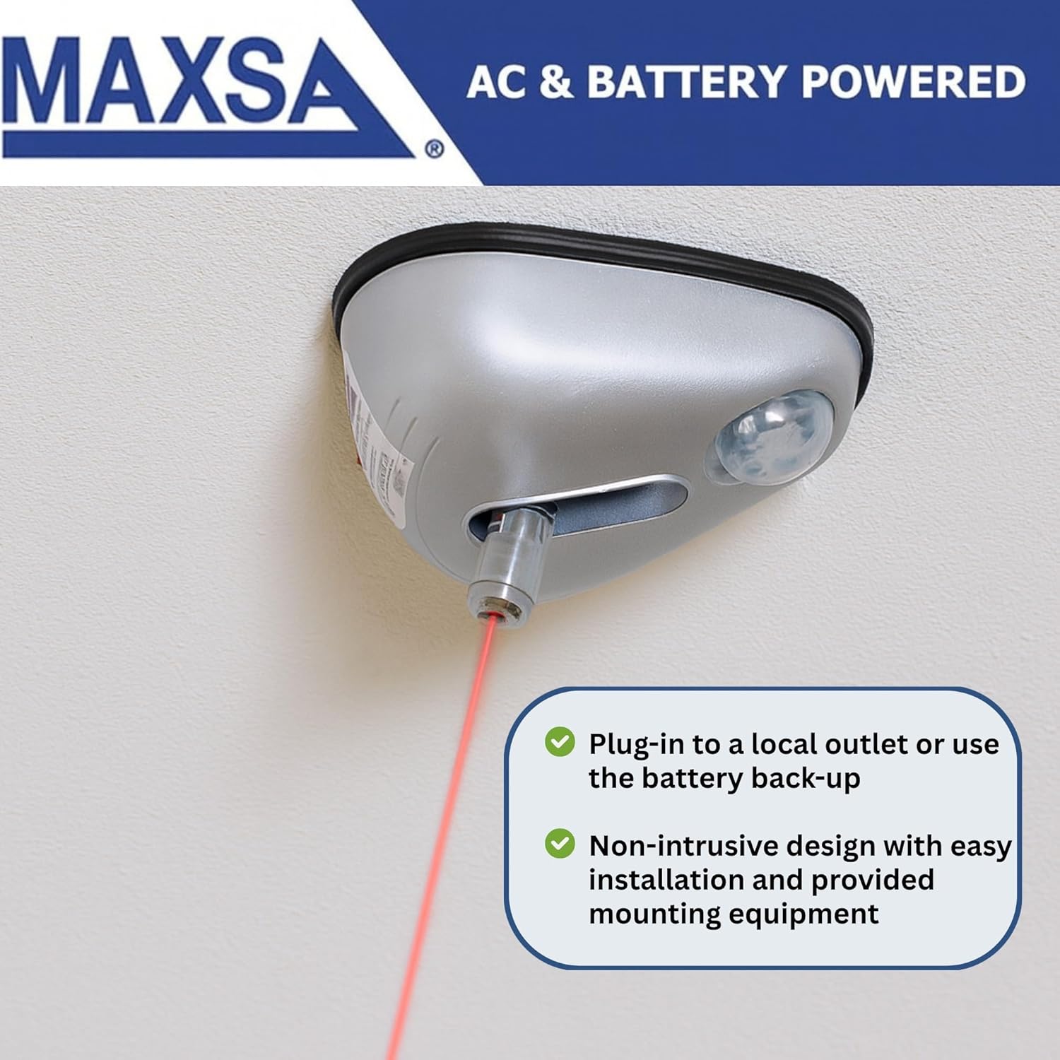 Maxsa 37310 Park Right Single Laser Parking Guide for One-Car Garage, Adjustable Laser, Motion Activated, AC Adapter & Battery Backup, Universal Car and SUV Parking Guide, Silver