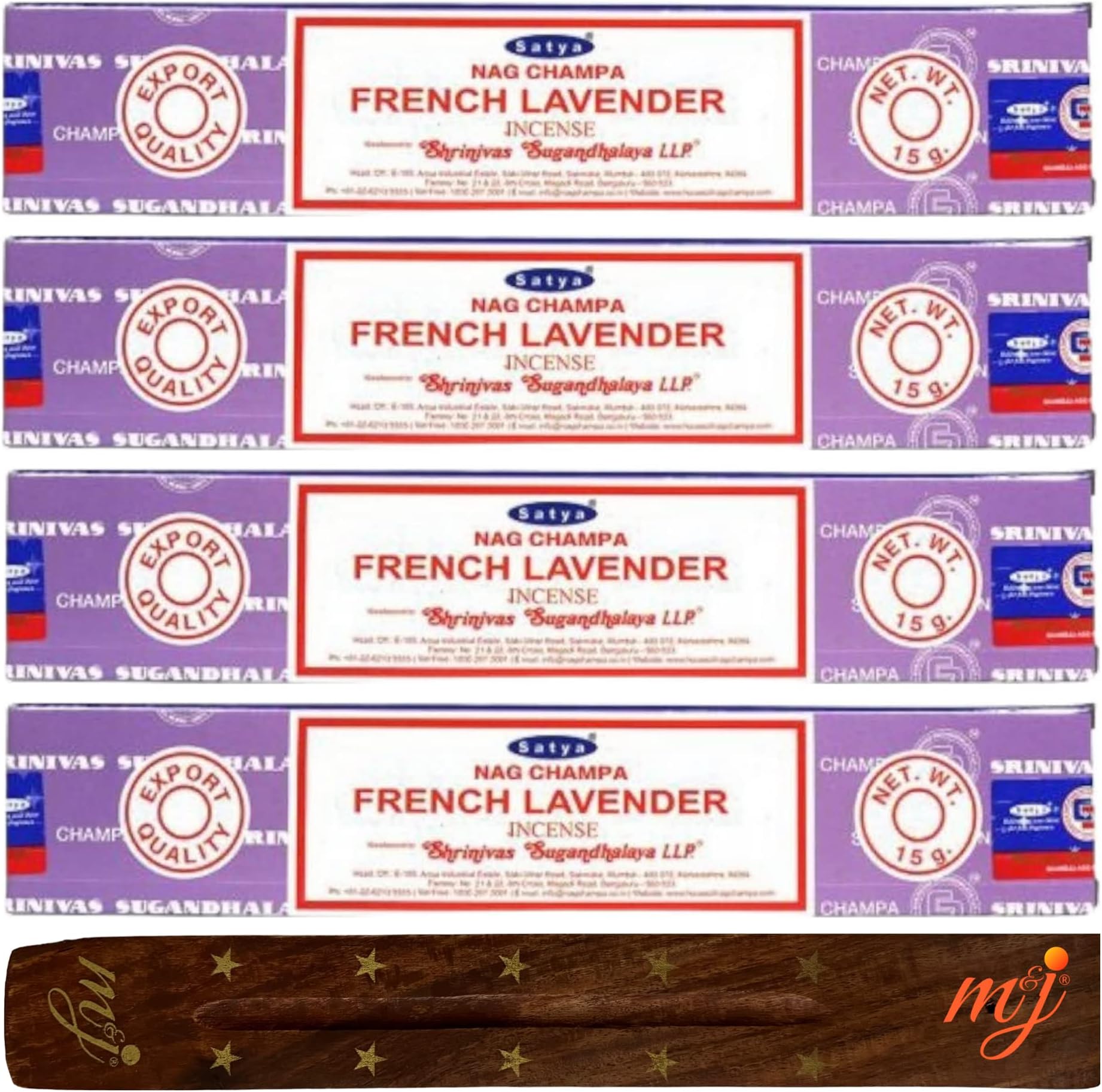 M & J Original Satya Nag Champa French Lavender Incense Sticks | with M&J incense sticks holder | x4 pack | for Aromatherapy, Spa, Yoga, Weddings, Meditation, Healing, Positivity and Relaxation