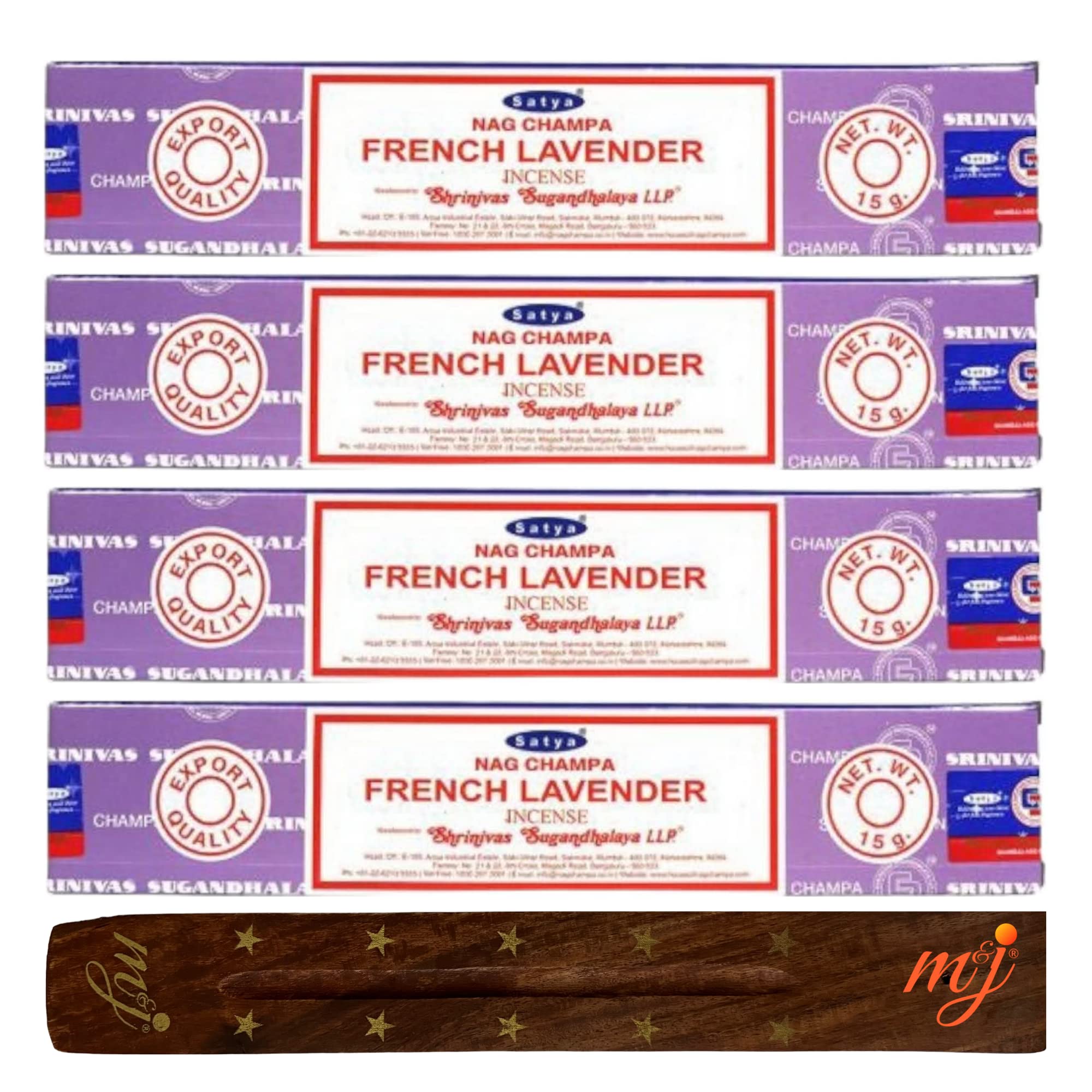 M & J Original Satya Nag Champa French Lavender Incense Sticks | with M&J incense sticks holder | x4 pack | for Aromatherapy, Spa, Yoga, Weddings, Meditation, Healing, Positivity and Relaxation