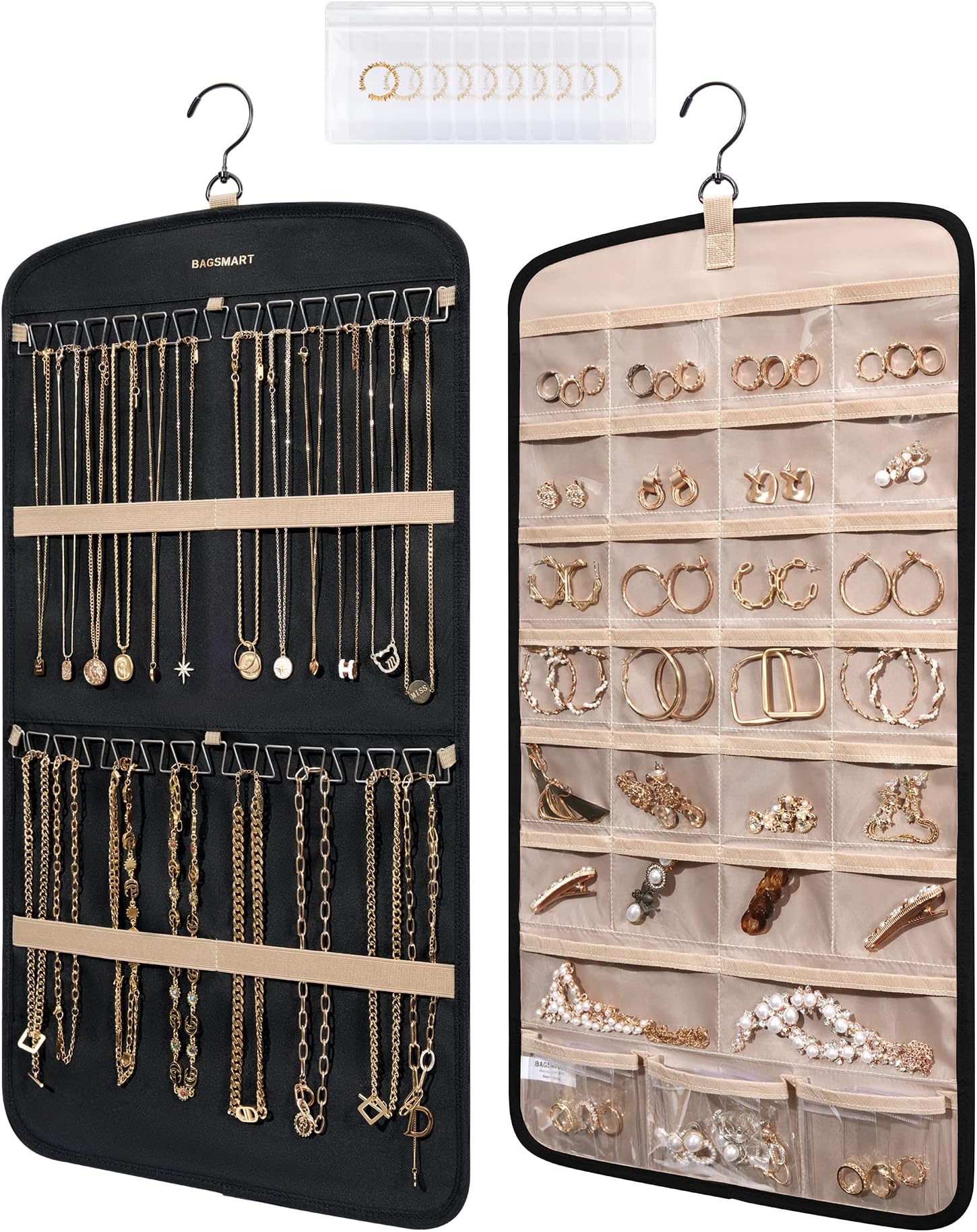 BAGSMART Hanging Jewelry Organizer, Necklace Holder Anti-tangle Earrings Rings Hanger with 10 Jewelry Bags Travel Storage Roll with Pockets Hang on Closet, Wall, Door,1 Piece, Small, Black