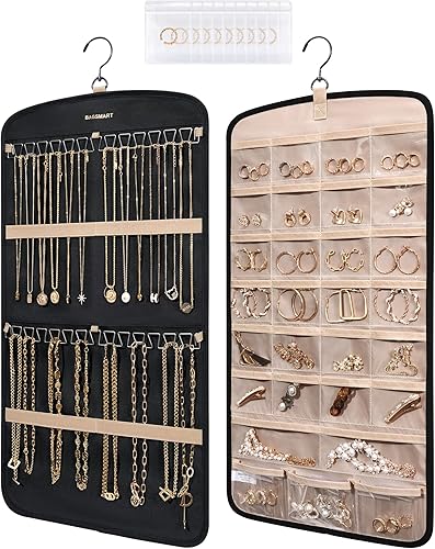 Miniatura 67 de BAGSMART Organizador de joyas colgante con colgador, ganchos de metal, soporte de joyería de doble cara para aretes, collares, anillos en el Negro