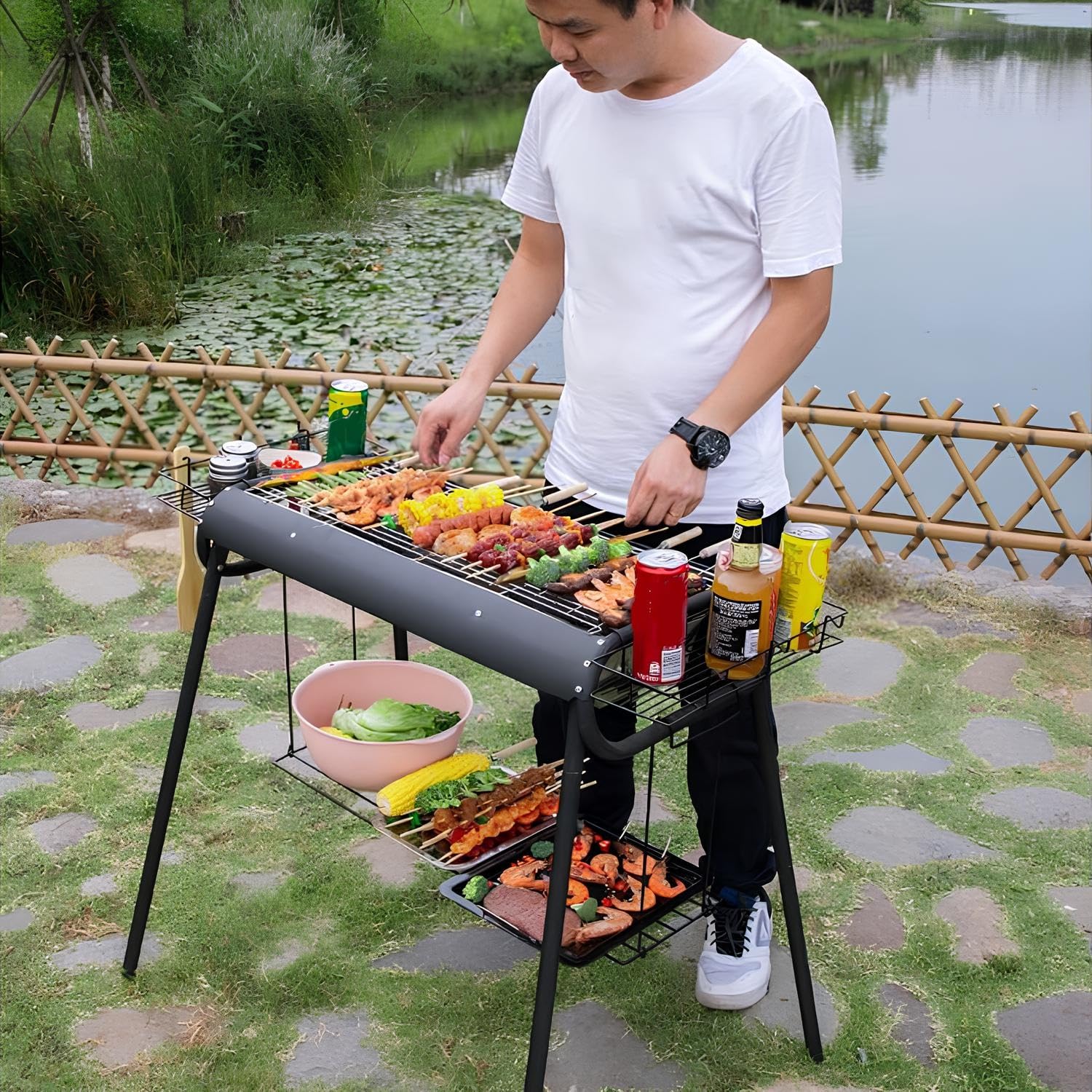 Parrilla portátil de acero extraíble con concepto deslizante para los amantes de la barbacoa, color negro, perfecta para cocinar al aire libre y portón trasero