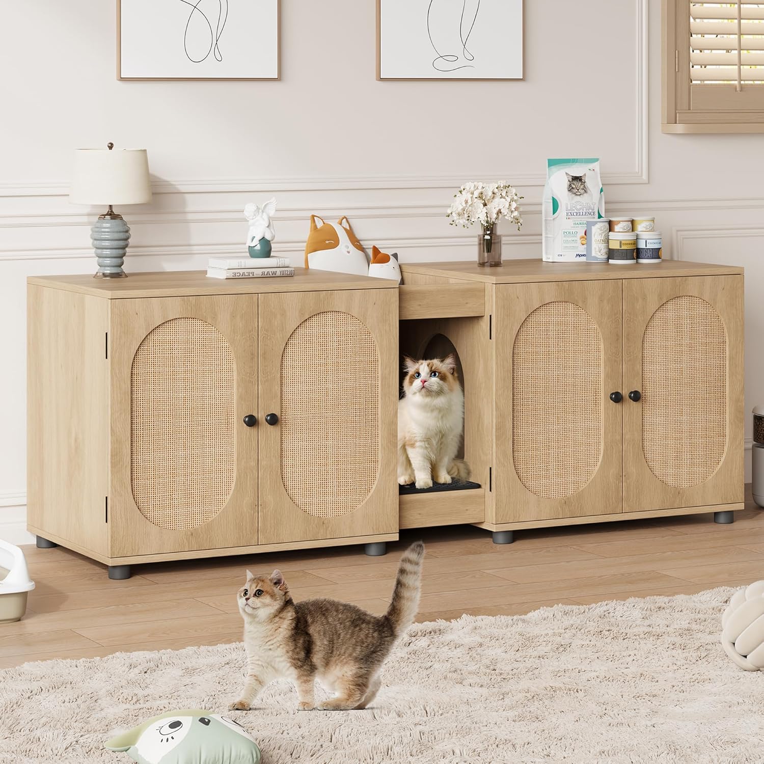 IDEALHOUSE Cat Litter Box Enclosure 55.1" Double Litter Box Furniture Large Cat Box Enclosure Kitty Litter Box for 2 Cats Hidden Cat Litter Cabinet Double Cage with Cat Litter pad Rattan Door