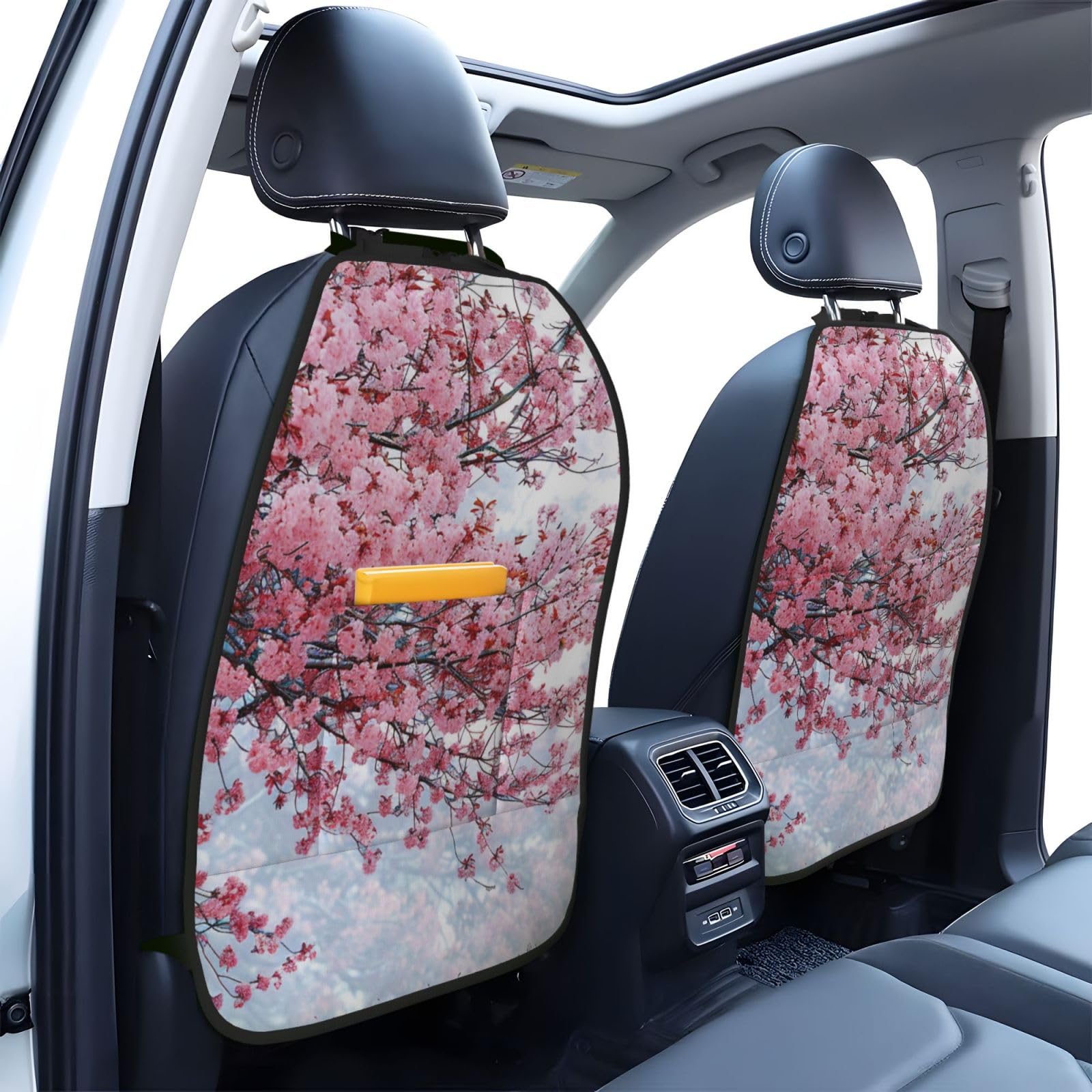 JTNWEC Cherry Blossoms Tree Print Car Seat Kick Mats with Organisers 2 Pack Backseat Protector Seat Covers for Your Car, SUV, or Truck