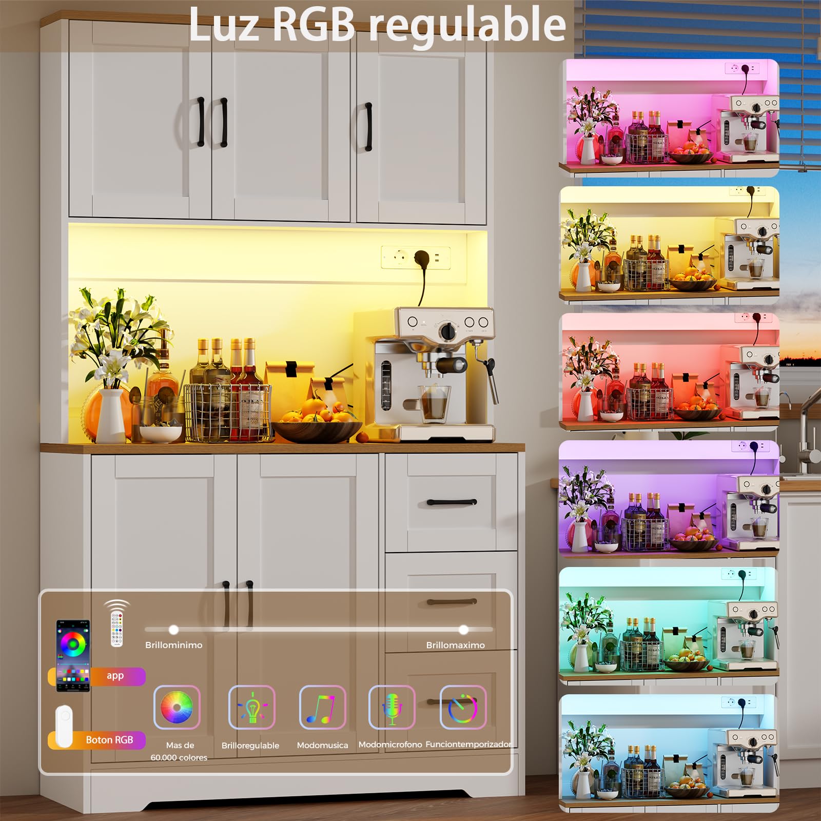 BEWISHOME Alacena de Cocina, Mueble Cocina Auxiliar con LED y Enchufes USB, Armario Cocina Alto con 5 Puertas y 3 Cajones, Estantes Regulables, para Cocina, Comedor o Salón, 100x40x180 cm, Blanco