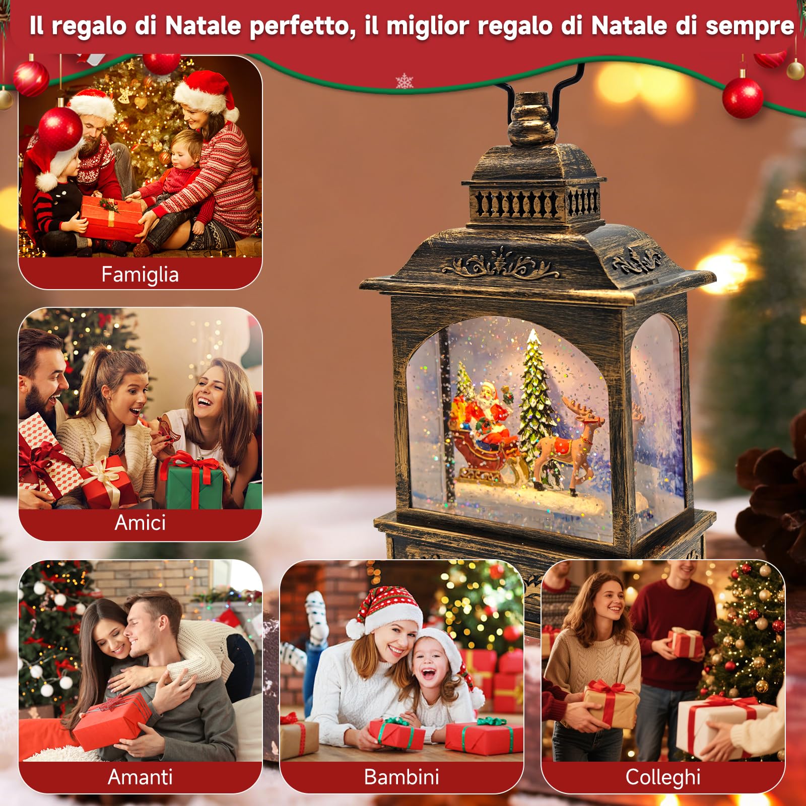 Lanterna di Natale,natale decorazioni casa,Palle di vetro natalizie Globi con Musica,Proiezione,Timer,Glitterata Neve - 3AA Batteria/USB – Decorazione Natalizia 2026 per Casa e Tavolo,regali di natale