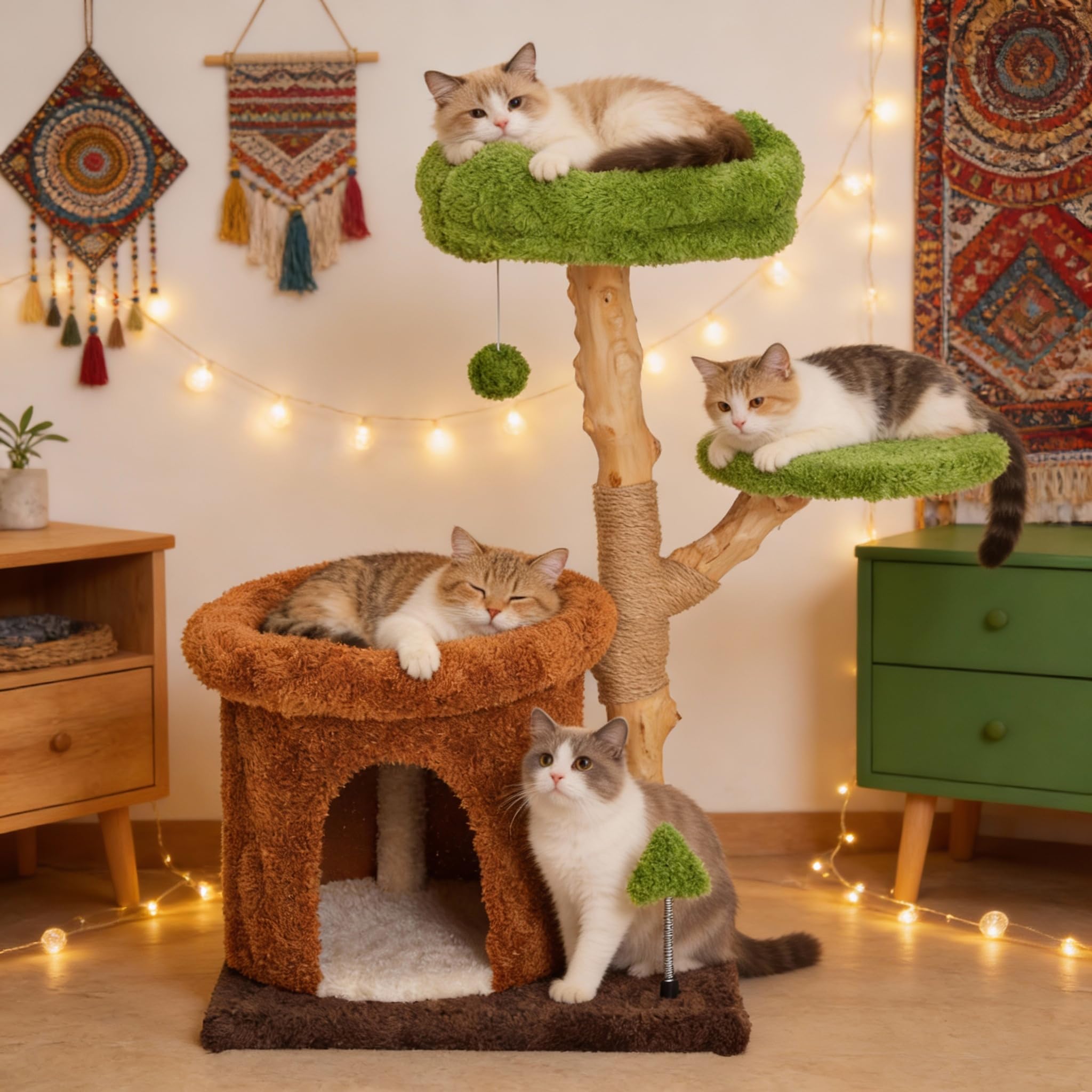 32-Inch Multi-Level Cat Tree Tower, Natural Wood Cat Furniture with Sisal Scratching Posts, Beds & Condo, Cute Cat Tree for Indoor Cats and Multi-Cat Households