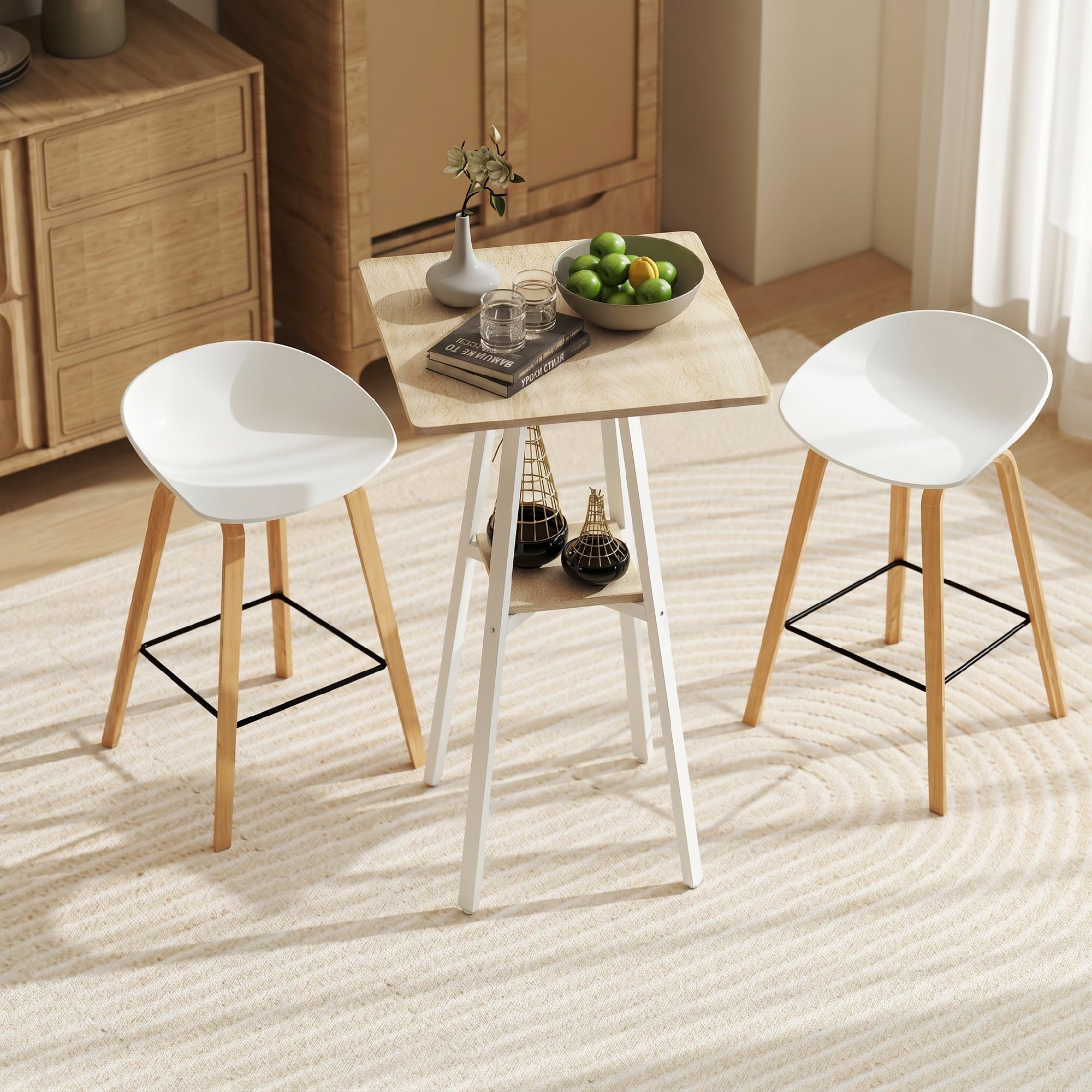 HOMCOM Table de Bar carrée pour 2 Personnes, 55 x 55 x 95 cm, Table Haute Cuisine Mange-Debout avec étagère de Rangement, Cadre en métal, pour Cuisine, Salon, Bois Naturel et Blanc