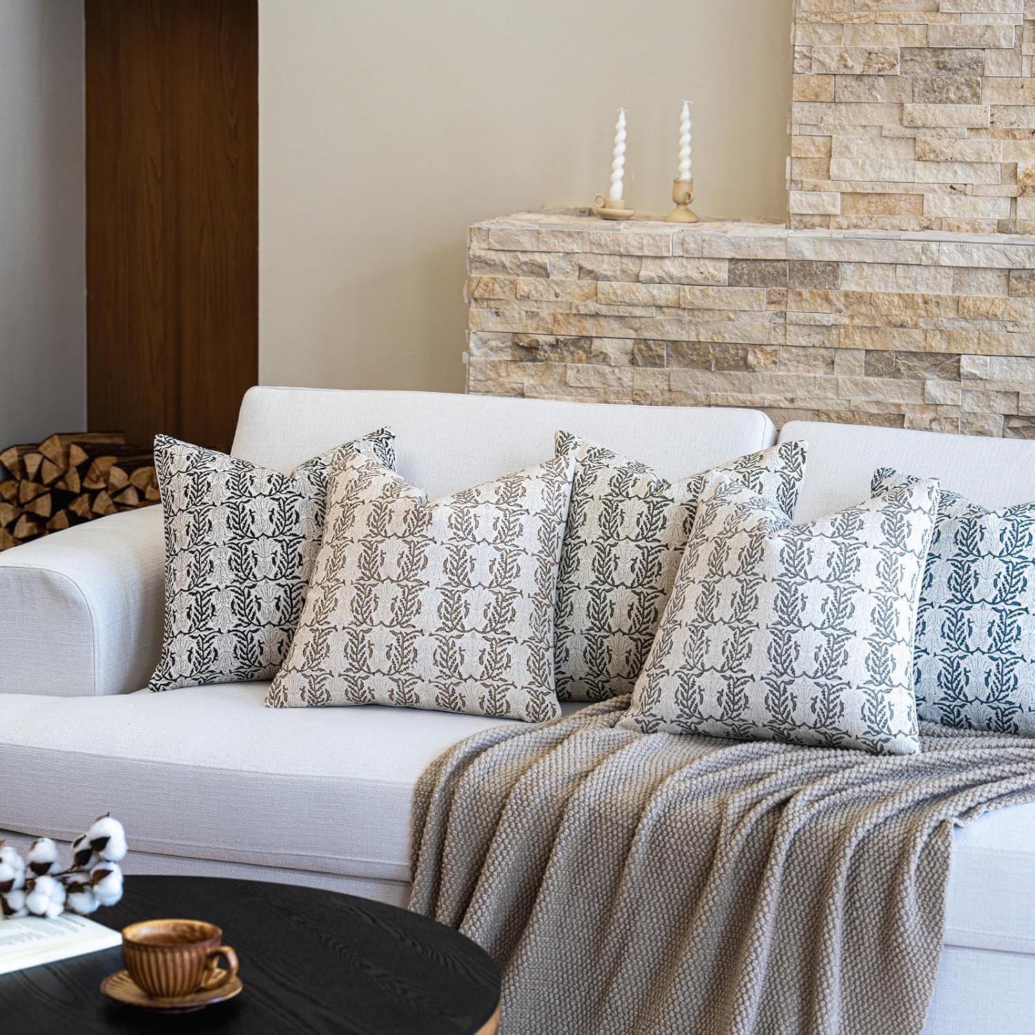 FIOUOVO Floral Throw Pillow Covers 18x18 Set of 2 Block Print Cushion Covers Farmhouse Neutral Accent Decorative Pillow Covers Home Decor for Sofa Couch Living Room Bedroom, Light Taupe