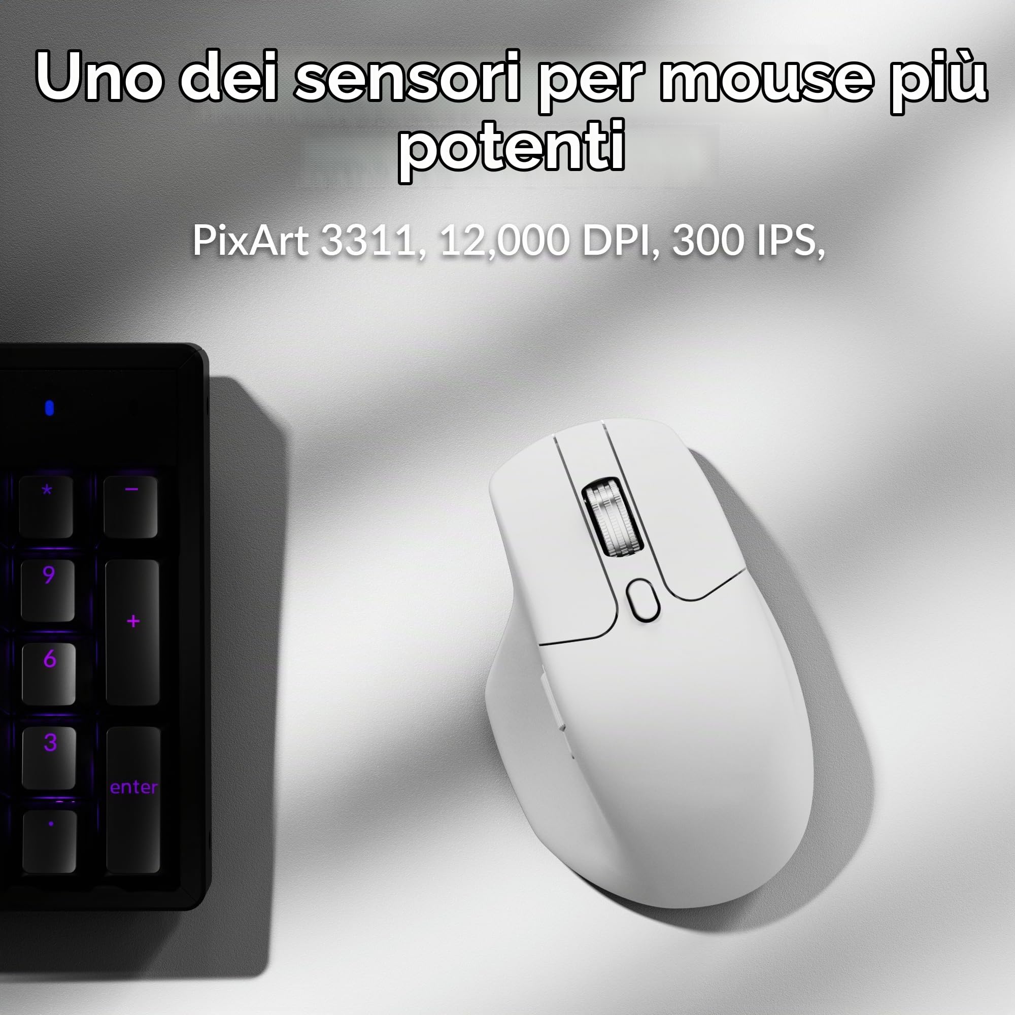 Keychron Mouse wireless M6 1K completamente silenzioso, 2,4 GHz/Bluetooth 5.1/Wired, sensore PixArt 3311, pulsanti programmabili, pulsante di scorrimento laterale, fino a 12.000 DPI/750 IPS leggero
