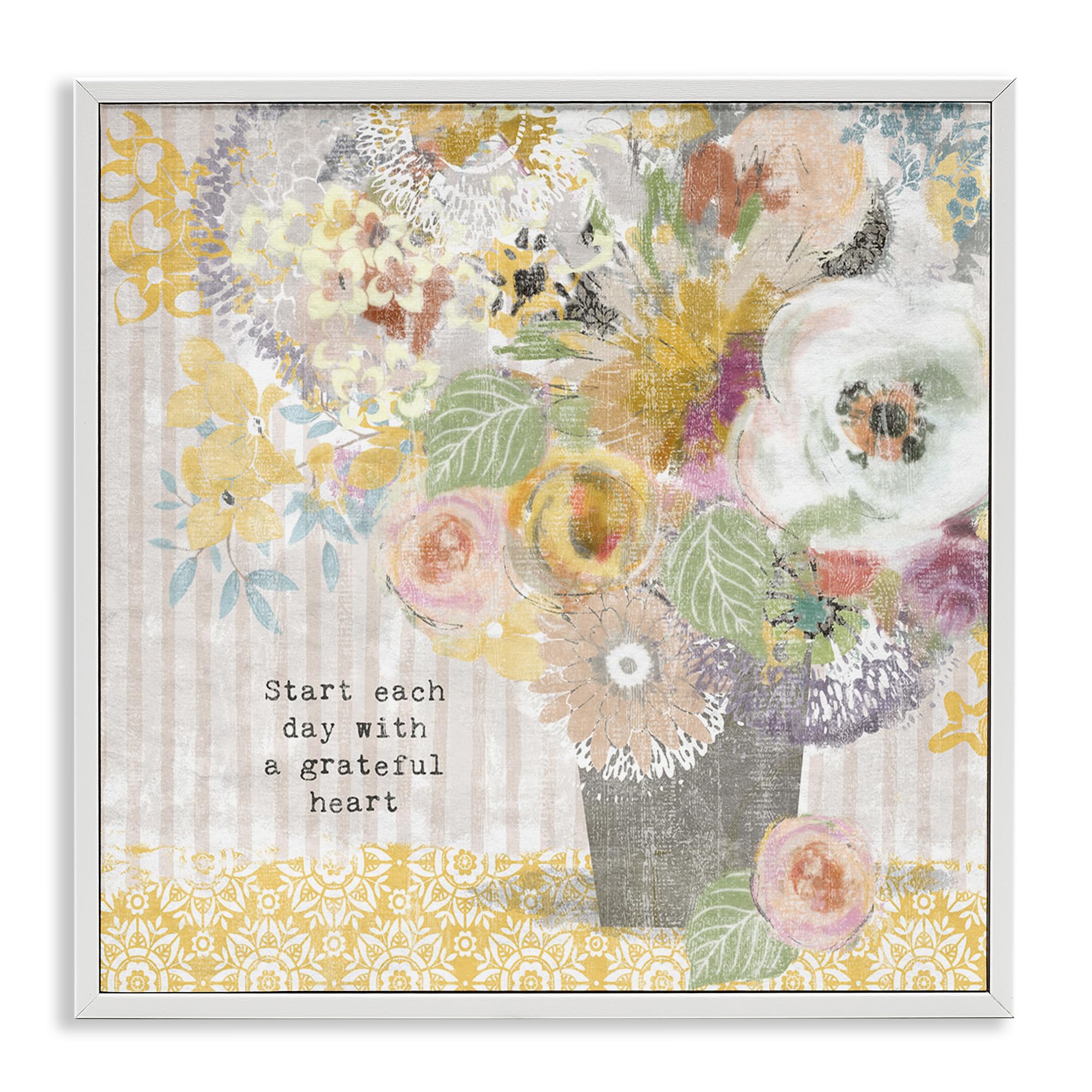 Stupell Industries Coastal White (Textured) 'Floral Inspirations Grateful Heart'| Framed Giclee Art