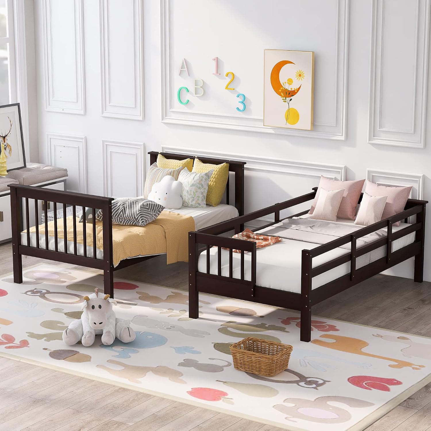 Twin Over Twin Bunk Bed, Solid Wood Bunk Bed Frame, Twin Size Bunk Bed with Stairway, Storage & Guard Rail for Bedroom Dorm (Espresso, Twin/Twin)