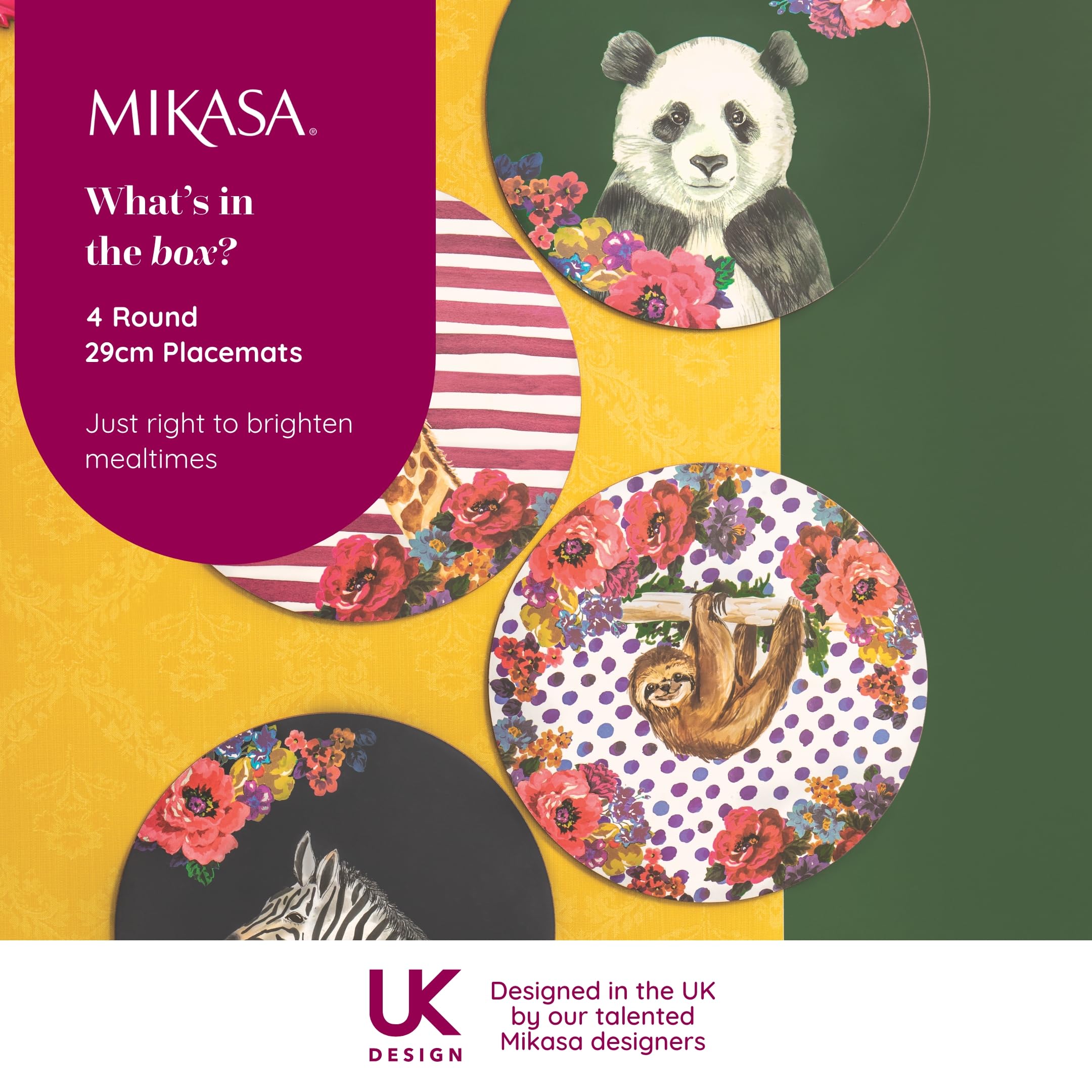 Mikasa Wild at Heart Okrągłe podkładki korkowe, 25 cm, zestaw 4 odpornych na ciepło, antypoślizgowych i zmywalnych podkładek na stół ze zwierzęcymi nadrukami