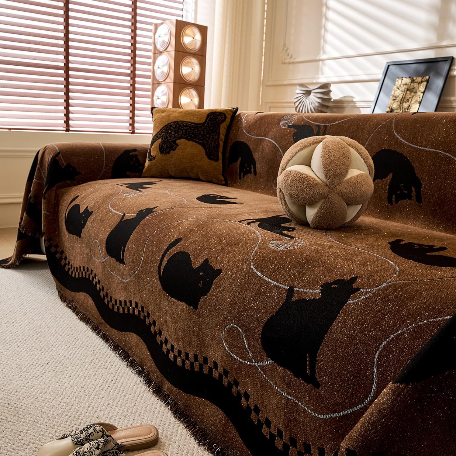 Cute Animal Cat Theme Couch Cover, Soft Non Slip Chenille Sofa Cover for 2 Cushion Couch Sofa, Retro Boho Geometric Border Design Sofa Cover for Modular Sofa, Washable Slipcover, Chestnut Brown