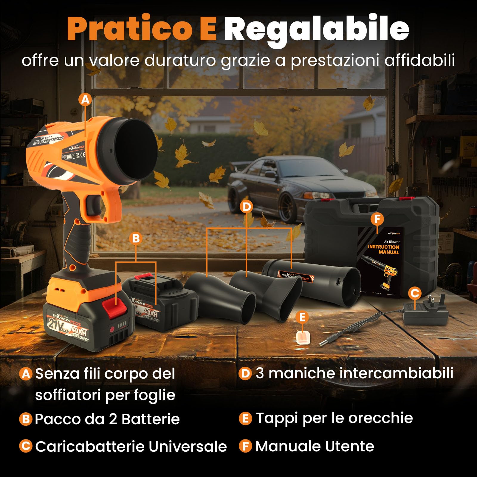 maXpeedingrods Soffiatori per foglie, Turbo Motore brushless con 2 batterie | da 4,0Ah, 193km/h e 934m³/h, 3 ugelli, Soffiatore portatile senza fili per auto, giardino, foglie, polvere e neve