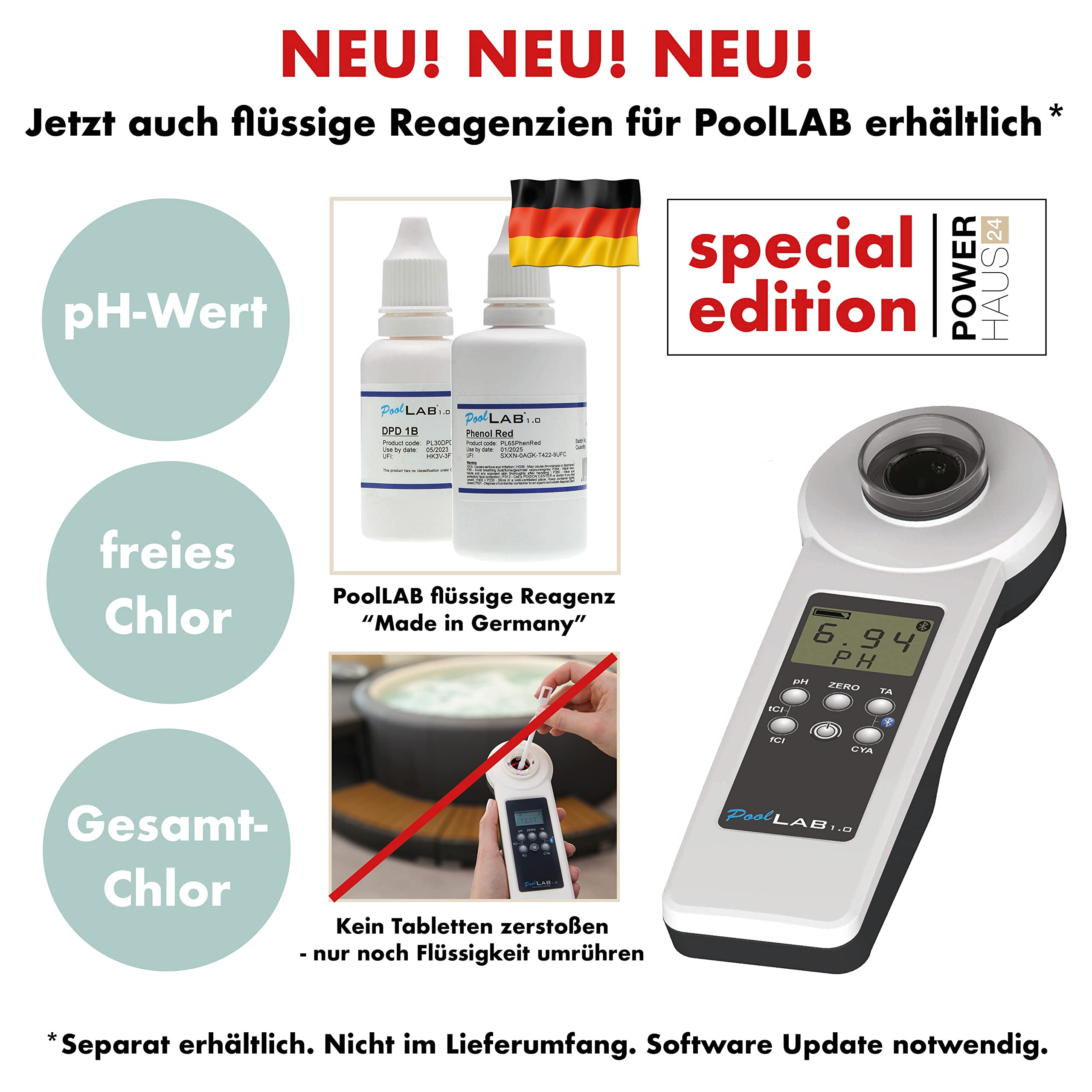 POWERHAUS24 Special Edition: 13 in 1 PoolLAB® 1.0 elektronischer Wassertester mit 70 Testtabletten inkl. Ersatzküvette