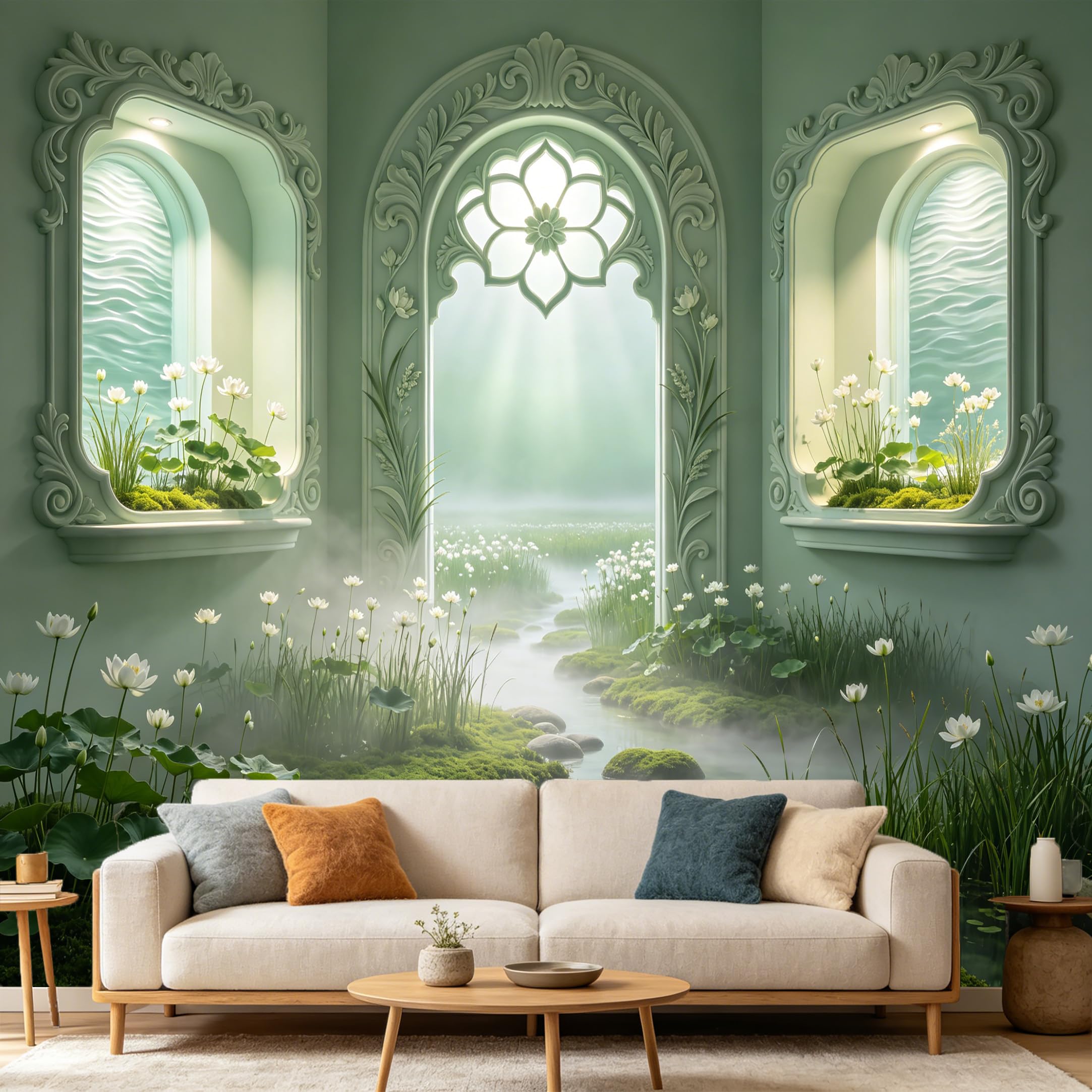 Custom Size Wall Mural， 3D Archway Lotus Pond Garden Mist Stone Path， SelfAdhesive Art Prints wall Fabric Removable Large Wallpaper Home Living Room Decor