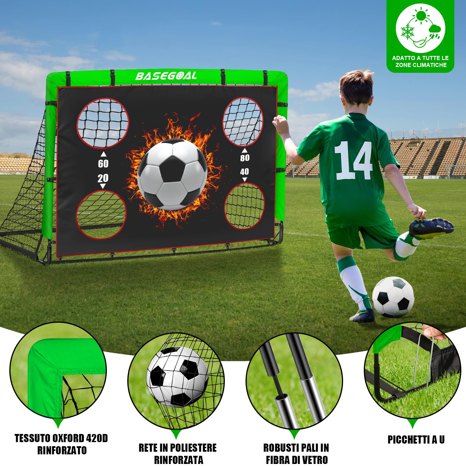 Porte da Calcio per Giardino, Porta da Calcio per 150x120cm, Porticine Da Calcio con Aste In Fibra di Vetro e Reti di Alta Qualità, Bullseye e Borsa per Giardino e Gioco per Interni - 2