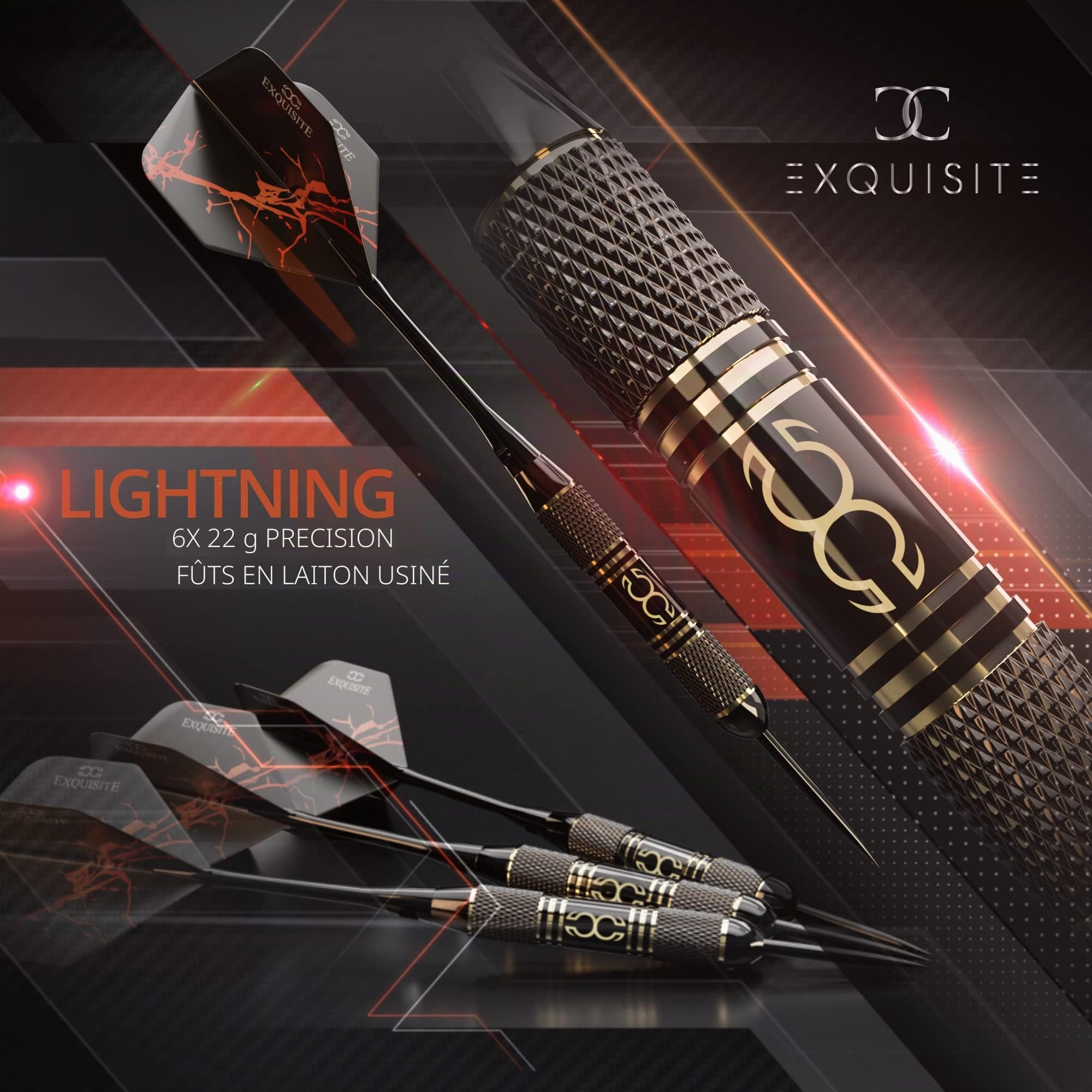 CC-Exquisite Professional Steel Tip Darts Set - 6 x 22g Brass Barrels with 12 Flights Standard/Slim, 12 Aluminum Shafts 35/48mm, 12 O-Rings, Dart Tool, Dart Sharpener and Case……