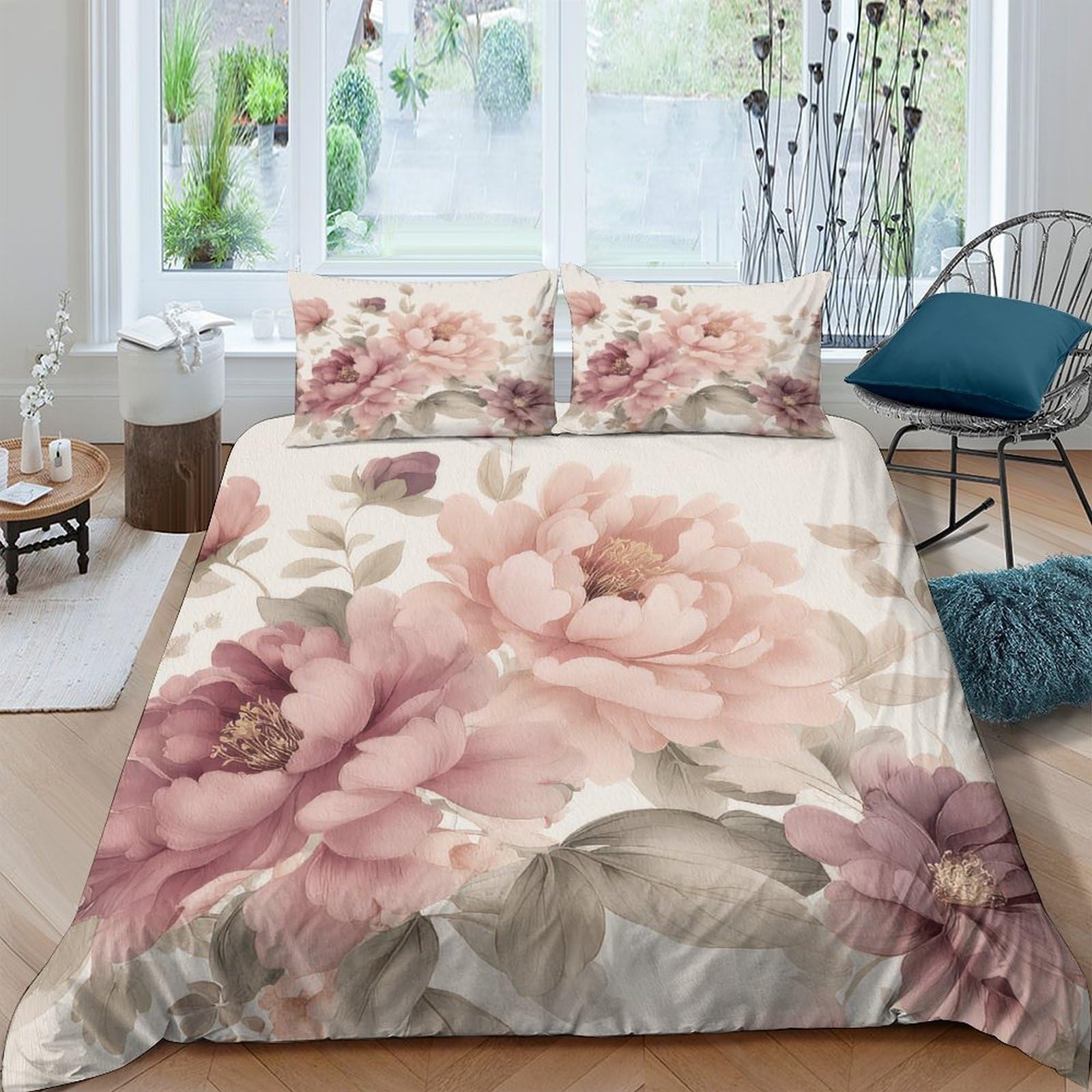 Ctjqhvkz Style-9 3D Printed Blush Peony Fitted Sheet Microfiber Soft Breathable Vintage Floral Bed Cover For Bedroom Guest Room Decor Single（135X200cm）