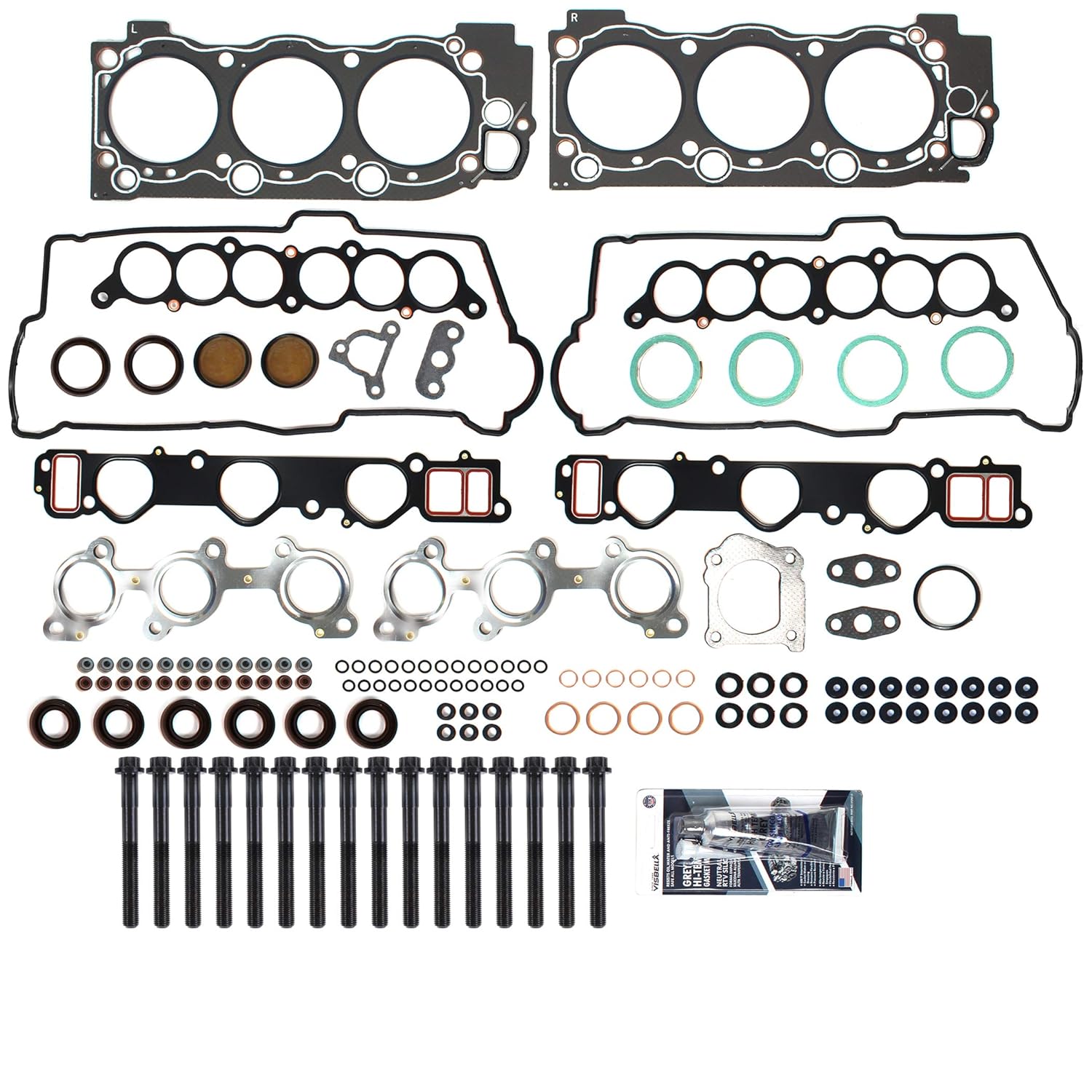 Head Gasket Set with Head Bolts Compatible with 1995-2004 Toyota 4Runner, Tacoma, Tundra, T100 3.4L V6 5VZFE Engine | Full Cylinder Gasket Kit with Valve Stem Seals & RTV Silicone