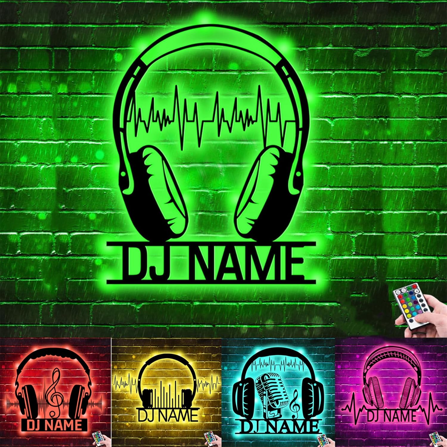 Customized Microphone Headset Metal Wall Sign with LED Lights Personalized DJ