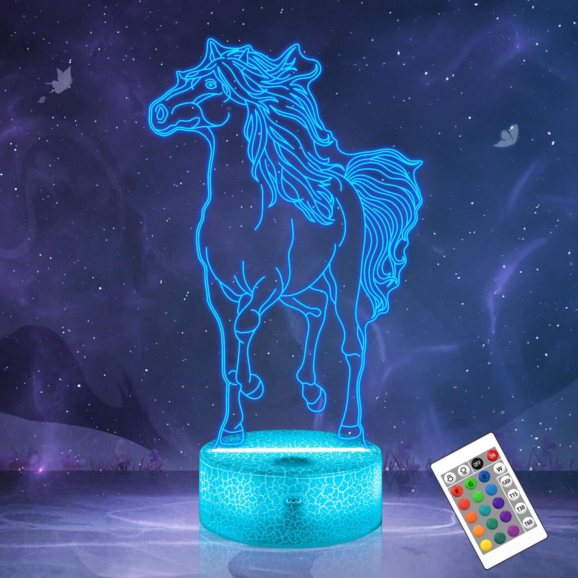 OkiyiD Horse 3D Illusion Lamp Horse Night Light with Remote Control + Touch 16 Colour Changing + Timer Desk Lamp for Girls Room Decor