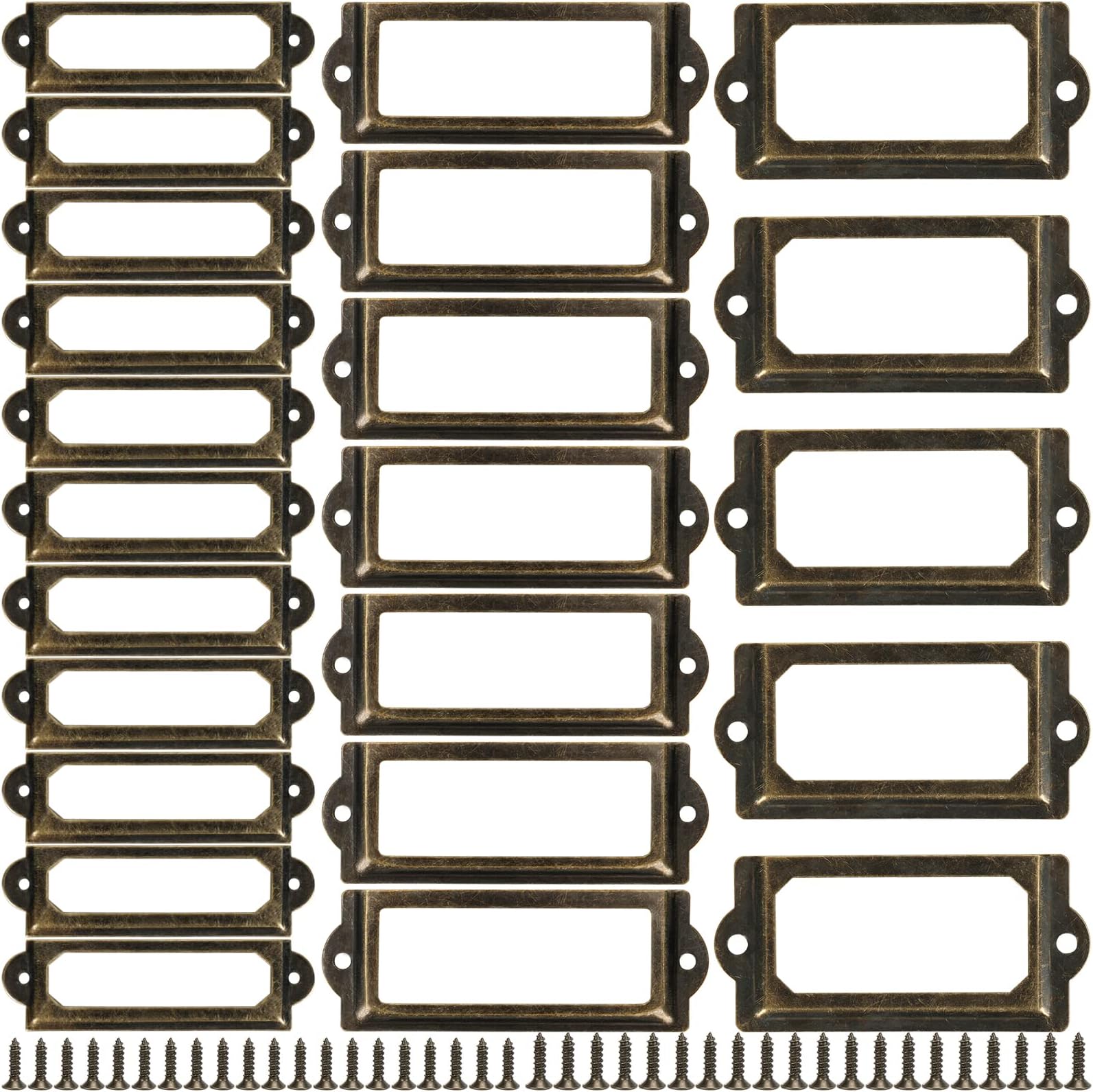 60 Pcs Office Library File Drawer Cabinet Card Tag Label Holder Metal Frame, Antique Bronze Metal Label Holders Name Card Frame for Wood Drawers Shelves Fabric Bins, 3 Sizes