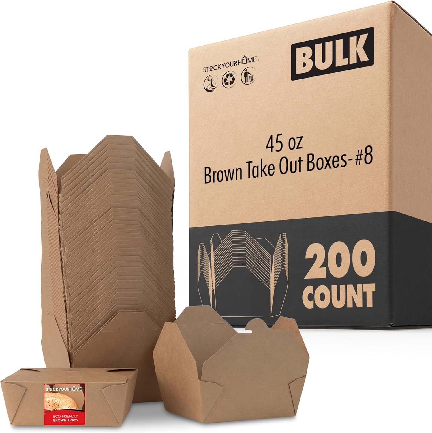 Stock Your Home Take Out Food Containers Microwaveable Kraft Brown Take Out Boxes 45 oz (200 Pack) Leak and Grease Resistant for Restaurant, Catering and Party