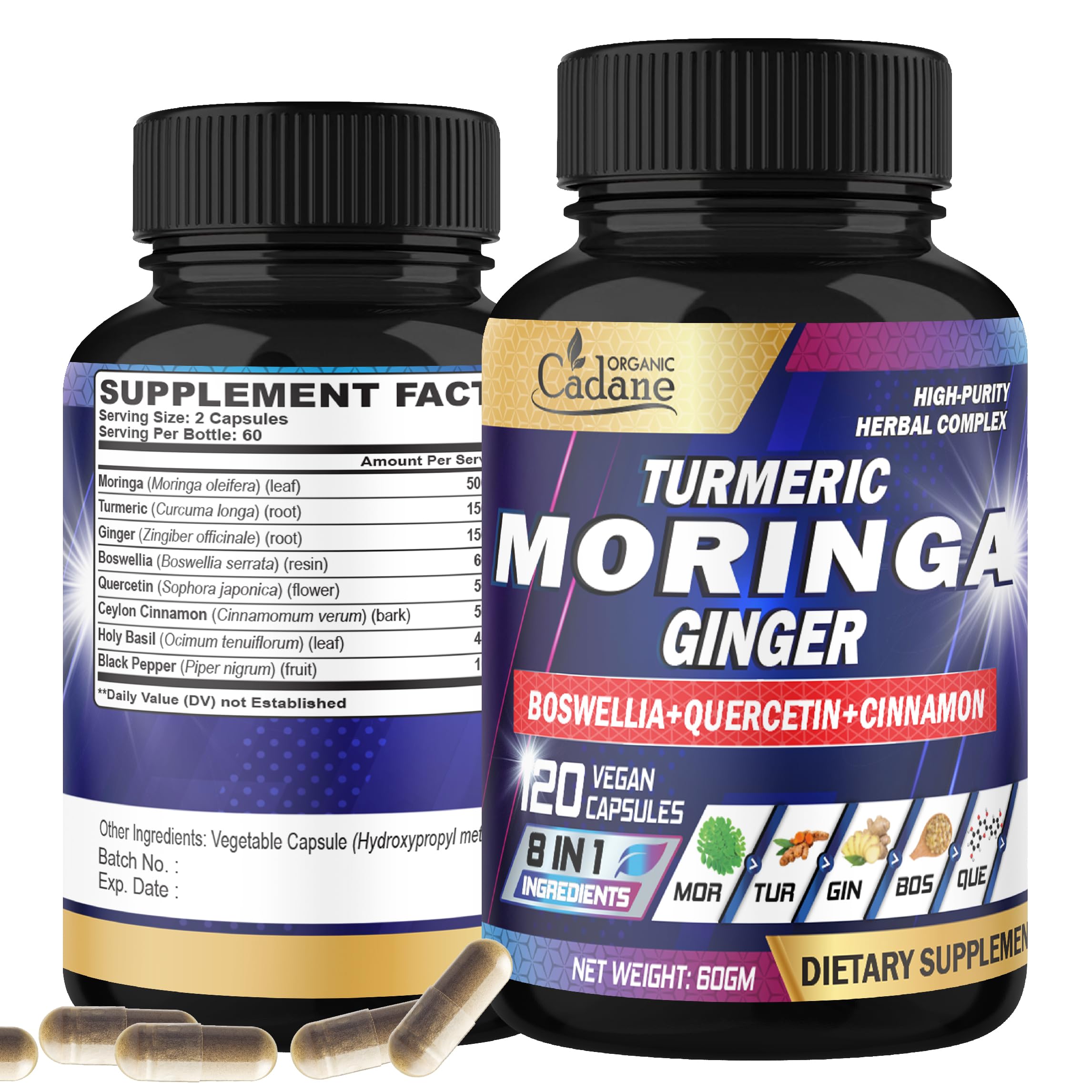 Cadane Moringa Capsules with Turmeric, Boswellia, Quercetin, Ceylon Cinnamon, Holy Basil, Ginger, and Black Pepper - 8in1 Supplements - 120 Veggie Caps for 2 Months Supply