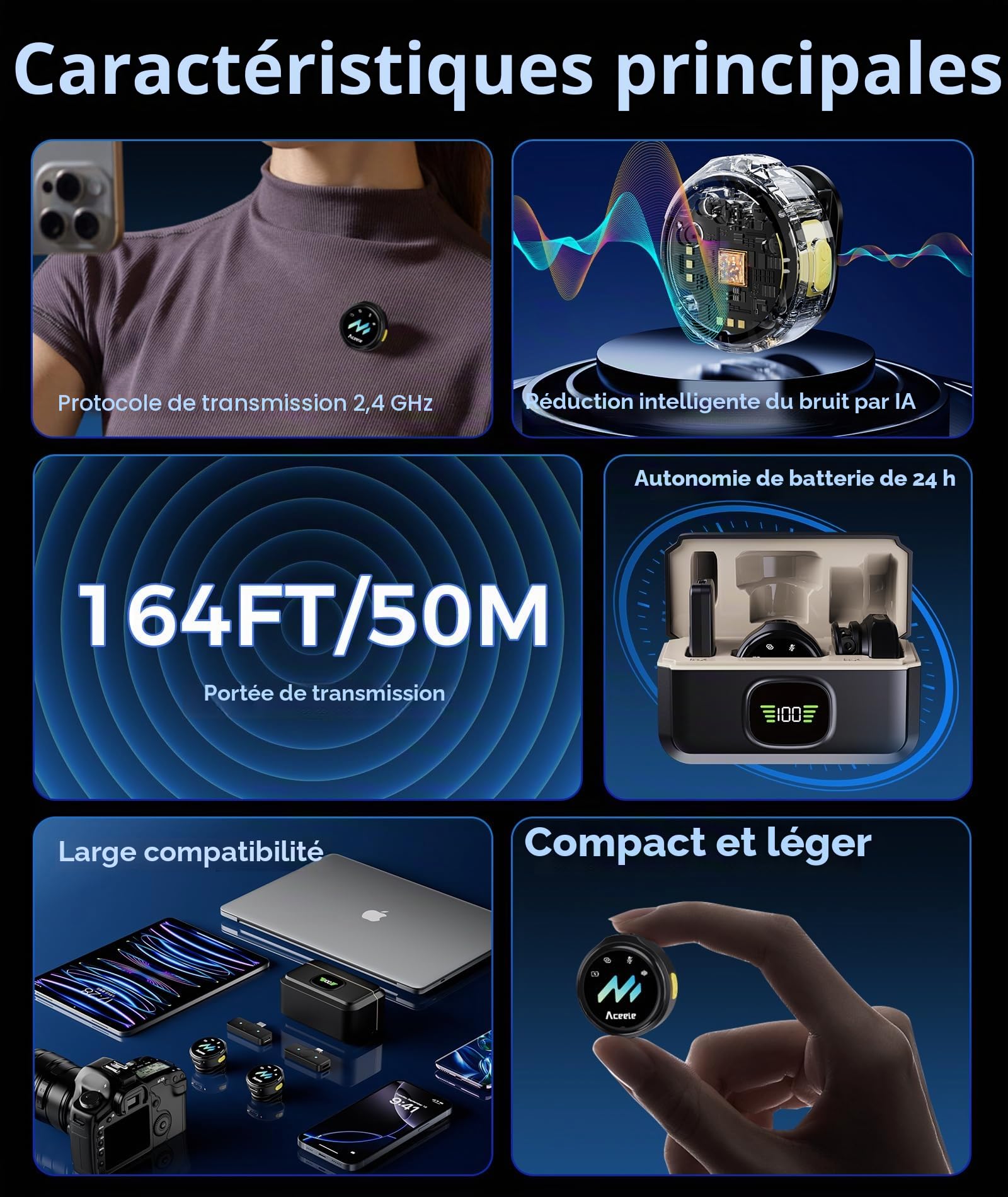 Aceele Micro Cravate sans Fil, Microphone sans Fil pour iPhone et Android, Réduction de Bruit, Audio Hi-FI 48kHz/24 Bits, Autonomie 24H, Portée 50 m, Micro Magnétique pour Vidéo, Live, Vlog, Podcast