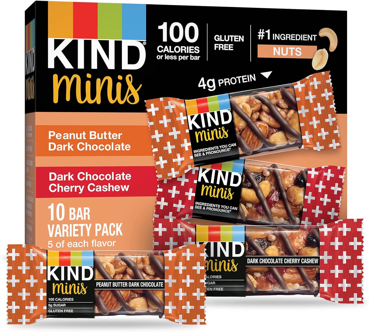 KIND Minis Variety Pack, Dark Chocolate Cherry Cashew, Peanut Butter Dark Chocolate, Low Sugar Snacks, Low Calorie Bars, Gluten Free, 20 Count