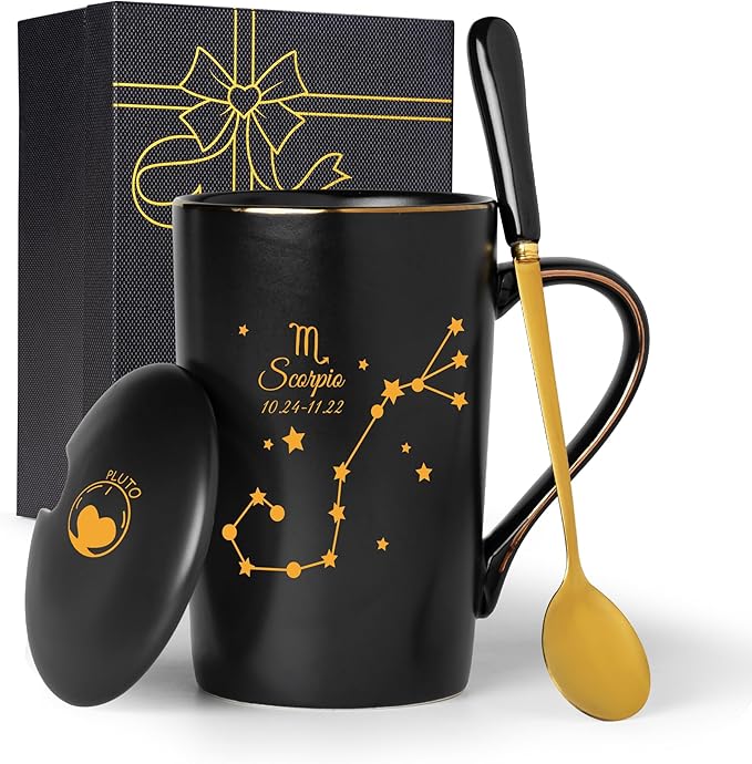 Scorpio Gifts for Women, Scorpio Zodiac Sign Star Gift for Girls Woman Men, October November Birthday Gifts for 12 Horoscope Astrology Lovers, 14 OZ Black with Gift Box Spoon Lid