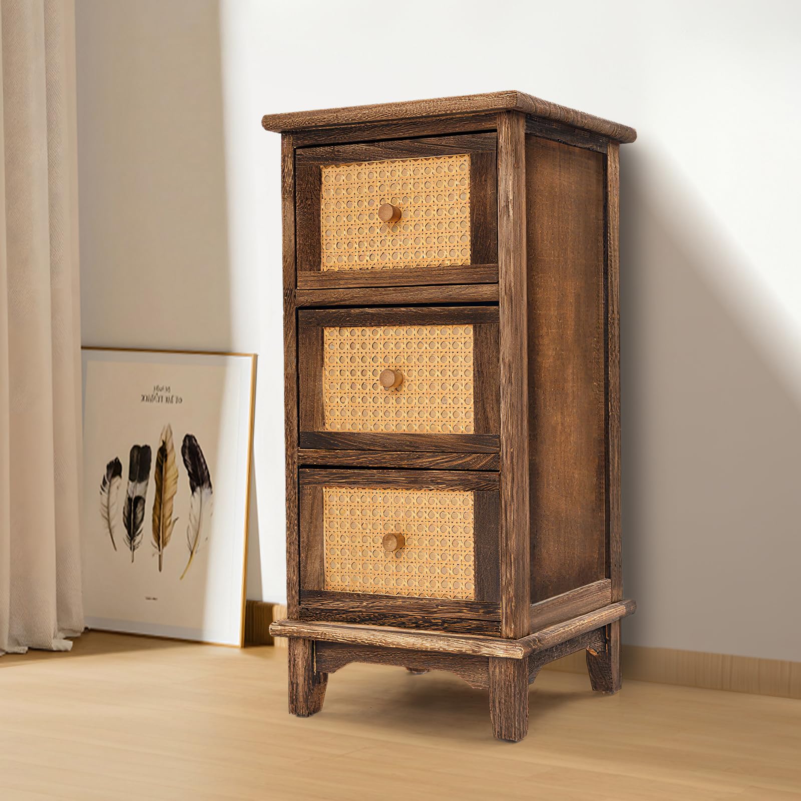 Kleine Retro Kommode mit 3 Schubladen, Schmaler Nachttisch(Holzfarbe)