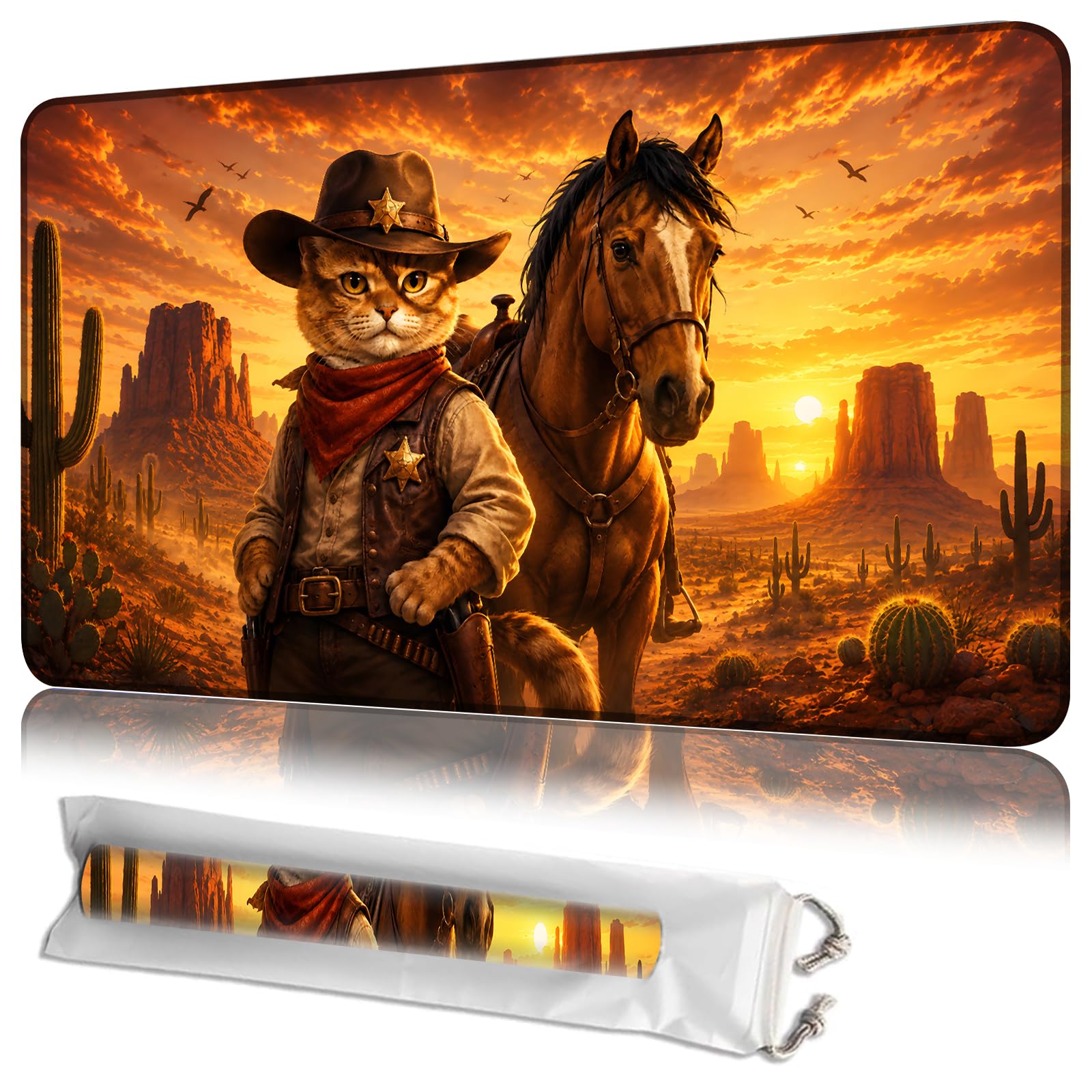 JANENFNA Sunset Cowboy Rider MTG Playmat, 24 x 14 Inch Gaming Mat