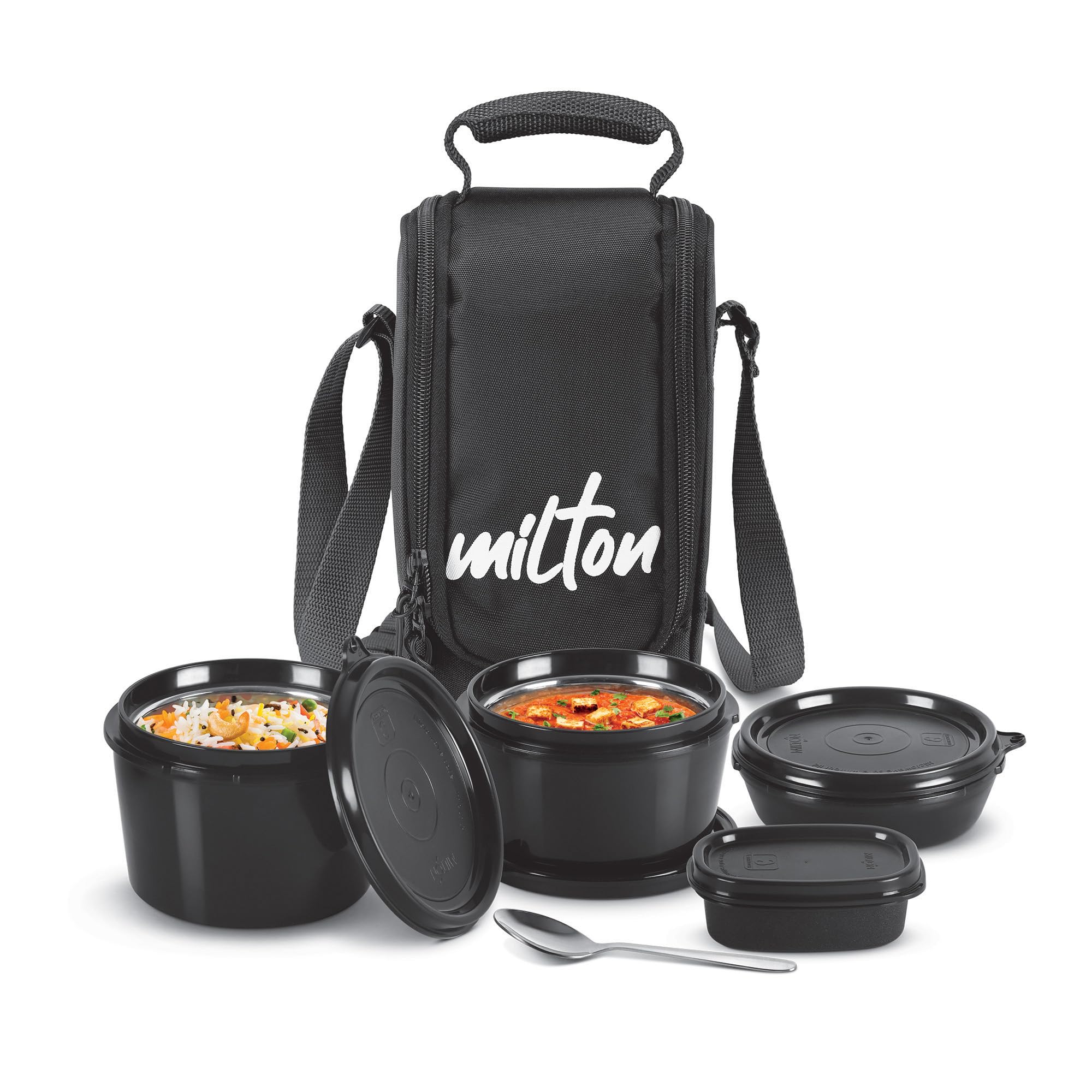 MILTON Pro Munch Tiffin (3 Microwave Safe Inner Steel Containers,180/320/450ml;1 Plastic Chutney Dabba; Steel Spoon) with Insulated Fabric Bag, Black, Leak Proof, Odour Proof, Easy to Carry-image-21