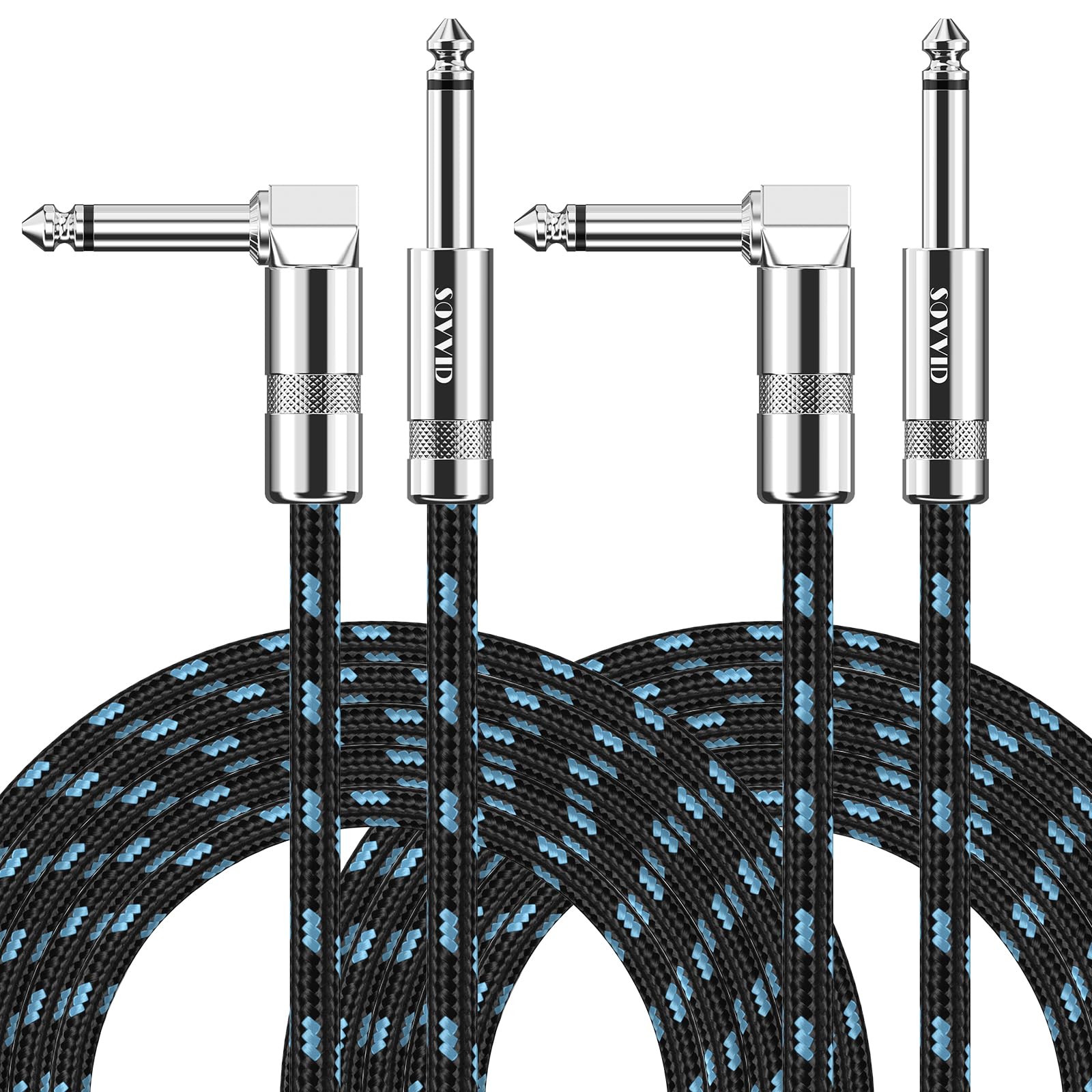 Paquete de 2 cables de instrumento de 15 pies, cable de guitarra eléctrica y bajo, teclado, cable AMP, ángulo recto de 1/4 pulgadas, negro y azul