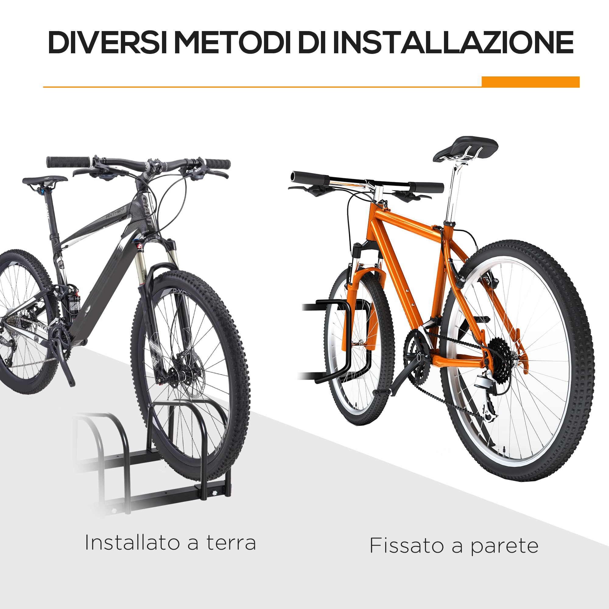 HOMCOM Rastrelliera Biciclette da Pavimento o Parete, Portabici da Terra per 4 Biciclette in Acciaio, Ruote Fino 65 mm, 110x33x27 cm, Nero