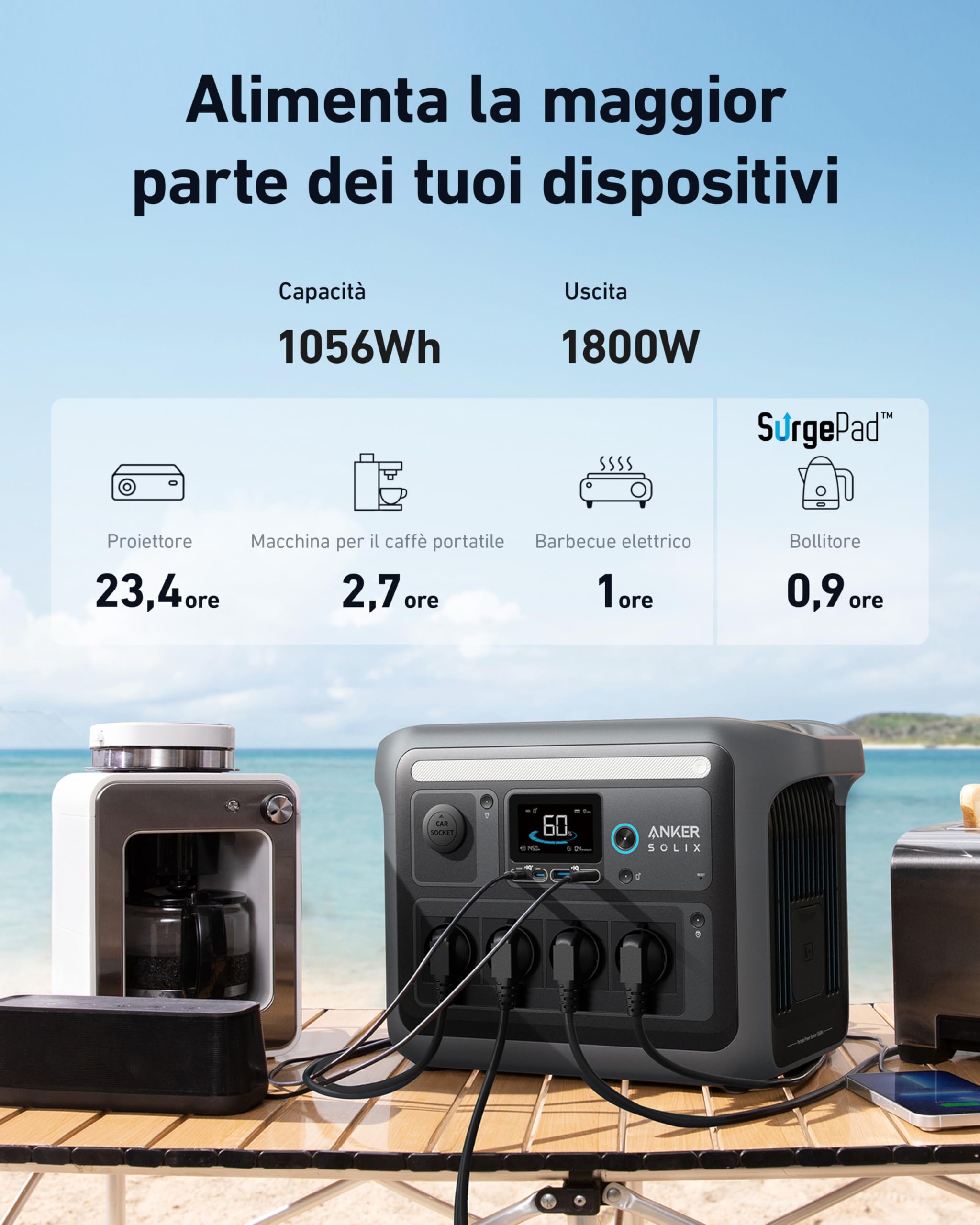 Anker SOLIX C1000 Centrale elettrica portatile, generatore solare 1800W, carica completa in 58 minuti con ricarica ultraveloce, LiFePO4, per campeggio e backup domestico (pannello solare opzionale)