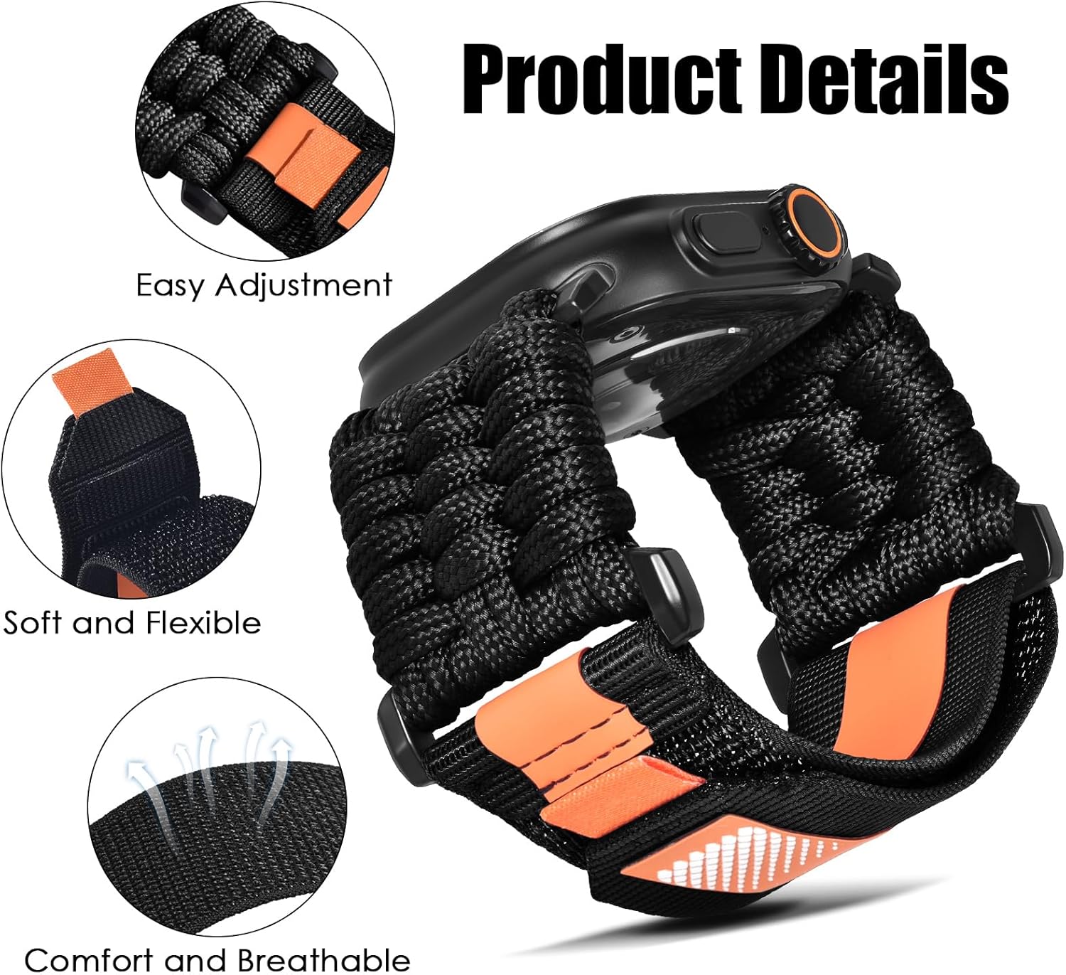 KOREDA Rugged Nylon Band for Apple Watch Ultra 2/1 49mm 46mm 45mm 44mm 42mm Men, Tactical Military Nylon Braided Sports Strap for iWatch Series 11/10/9/8/7/6/5/4/3/2/1/SE - Image 5