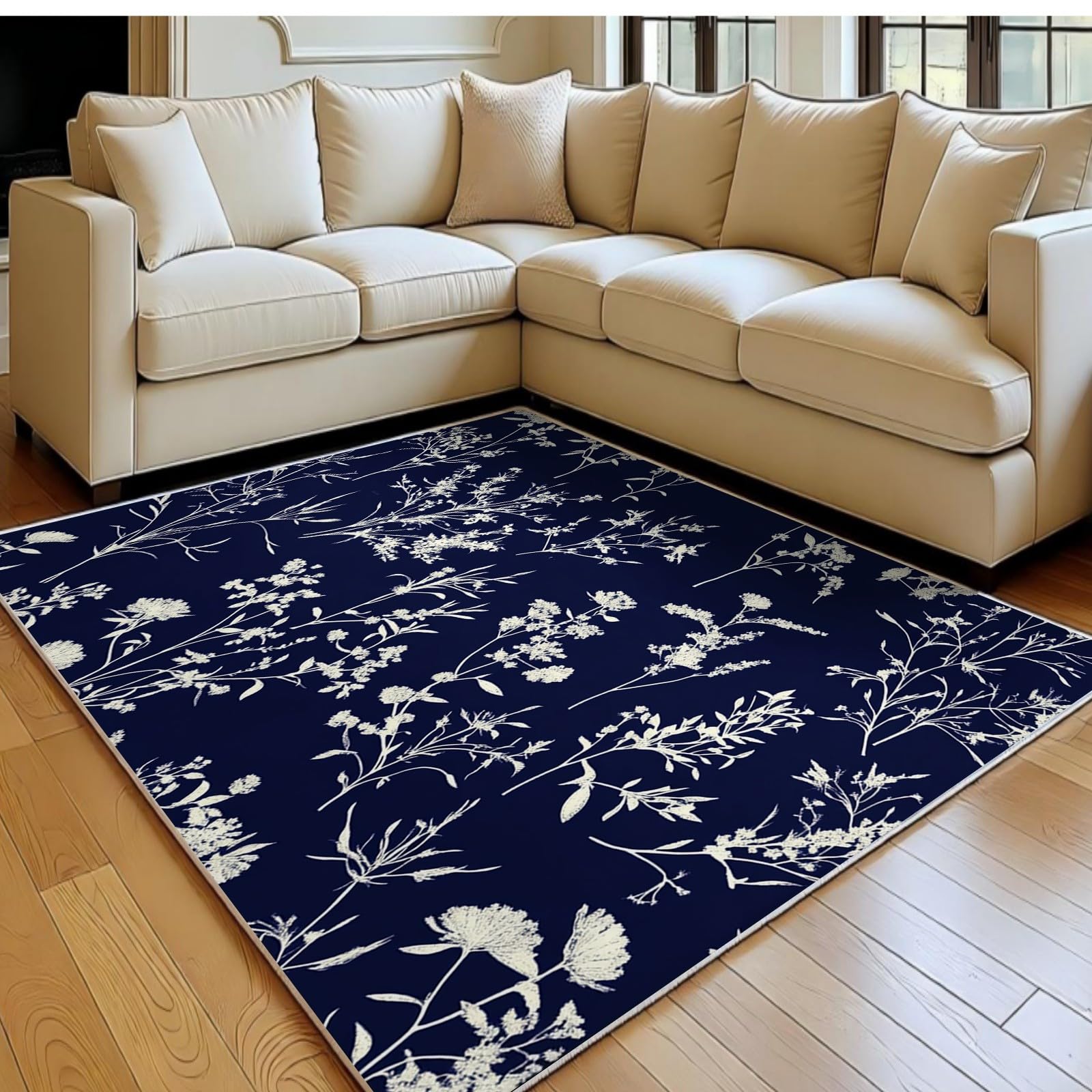 Tapis de Salon Bleu Marine à Motif Feuilles pour Grand Canapé Moderne