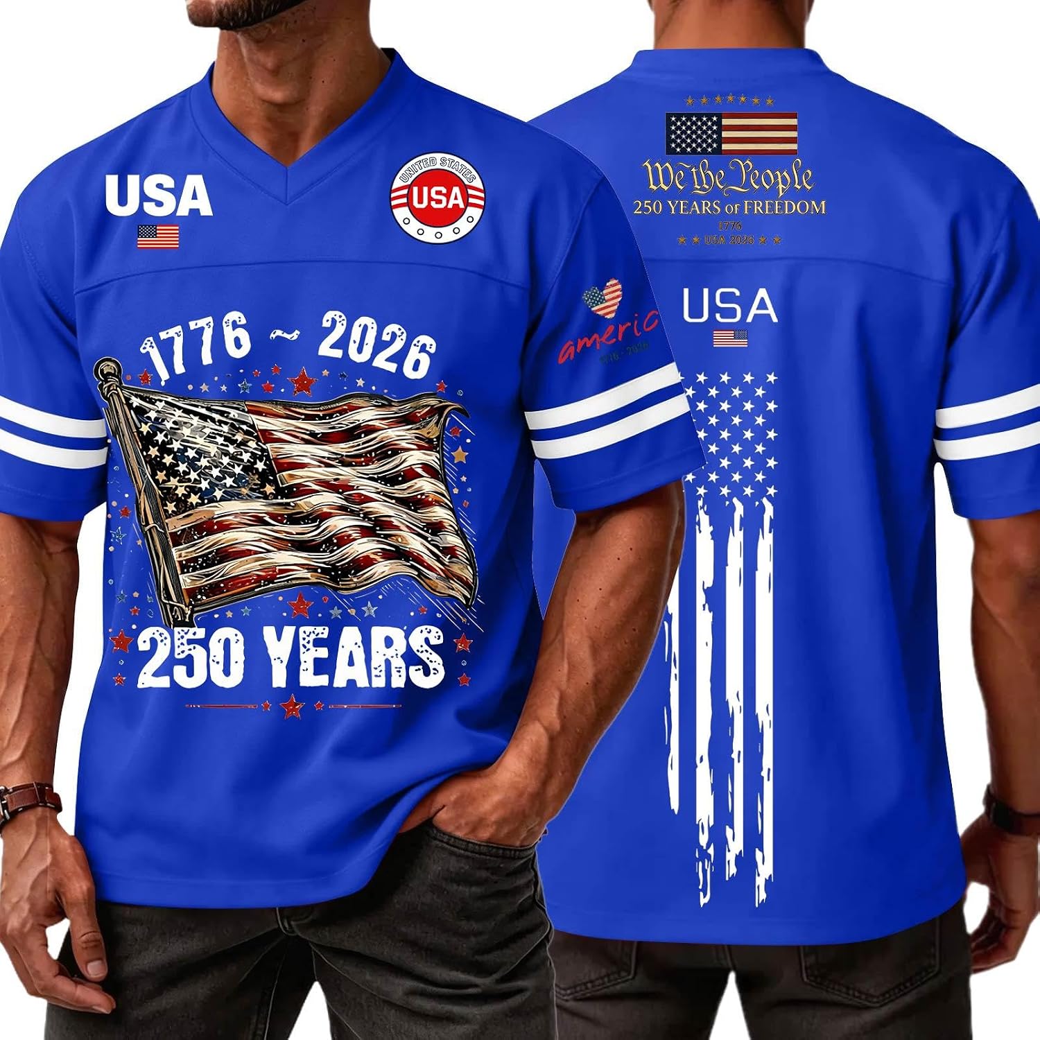 Men's United States 250Th Anniversary T Shirt USA Flag Print Casual V Neck Shirt Jersey Patriotic Tee, XS-3XL