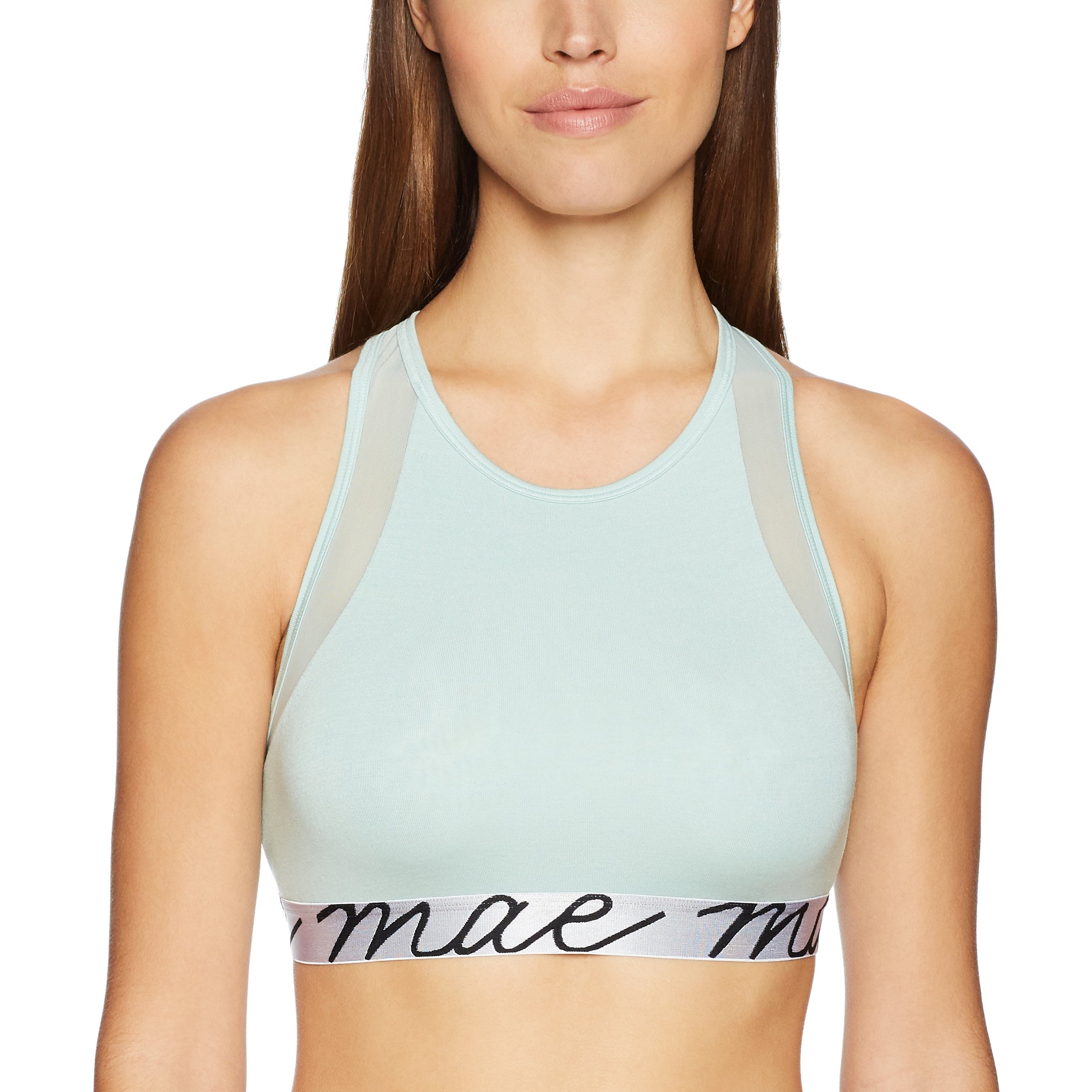 Amazon Brand - Mae Women's High Neck Crossback Mesh Modal Shine Logo Elastic Bralette