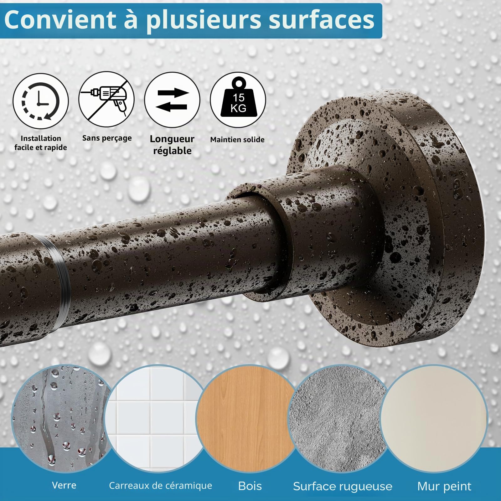 WELDUN Tringle à rideau extensible, 48-226 cm, sans perçage, tringle à ressort réglable et solide pour fenêtre, salle de bain, chambre à coucher, bronze