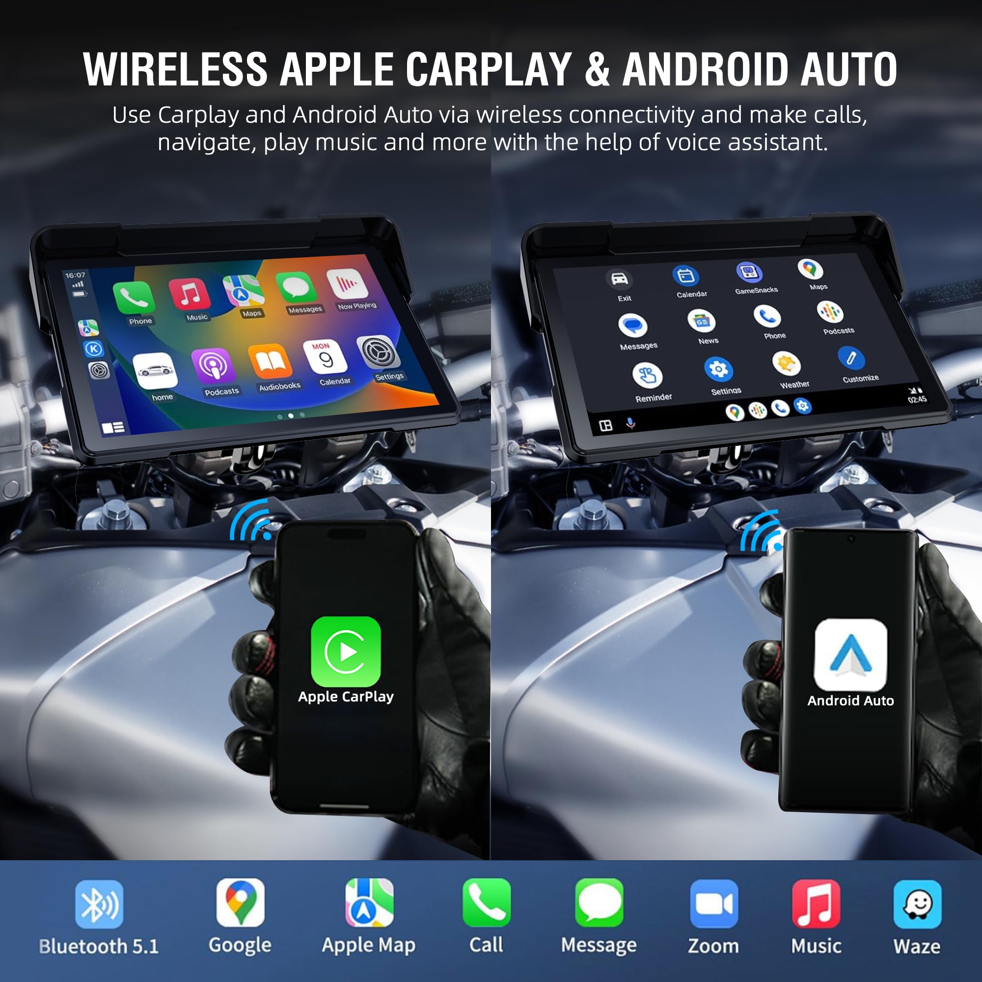 PARKVISION 7-Inch Waterproof Motorcycle Sat Nav Motorbike Carplay Screen with Wireless Apple CarPlay & Android Auto – Bluetooth Touchscreen Display Motorbike Carplay Screen — view 2