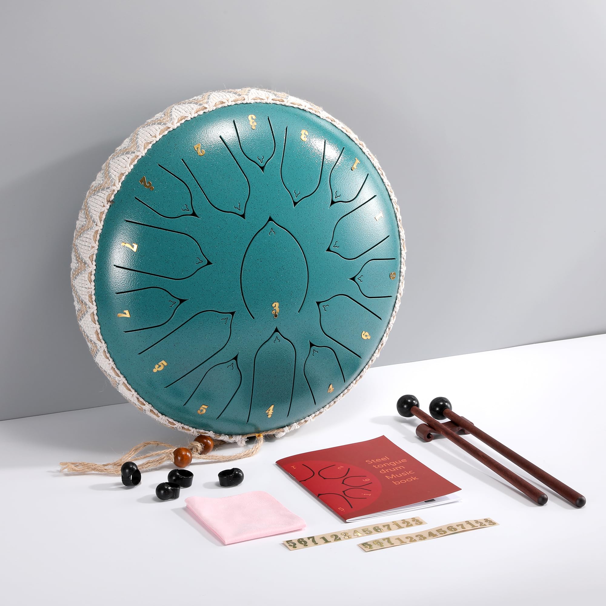 ZXZYHFTY Steel Tongue Drum, 13 Zoll 15Note Stahl Handtrommel mit Tasche, Notenbuch, Drumsticks, Schlägelhalter und Fingerpaddel, für Camping, Meditation oder Yoga (Malachit)