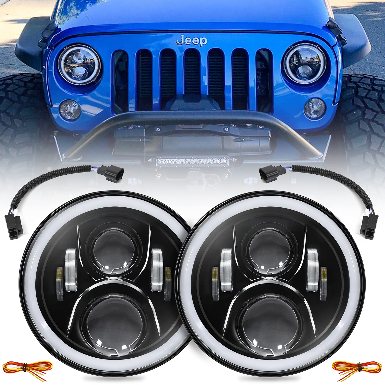 Headlight Compatible with Jeep Wrangler JK TJ CJ 7 inch LED Headlight Round Projector H6024 LED Headlight White DRL Amber Halo Turn Signal DOT Approved Compatible with Miata Compatible with Chevy